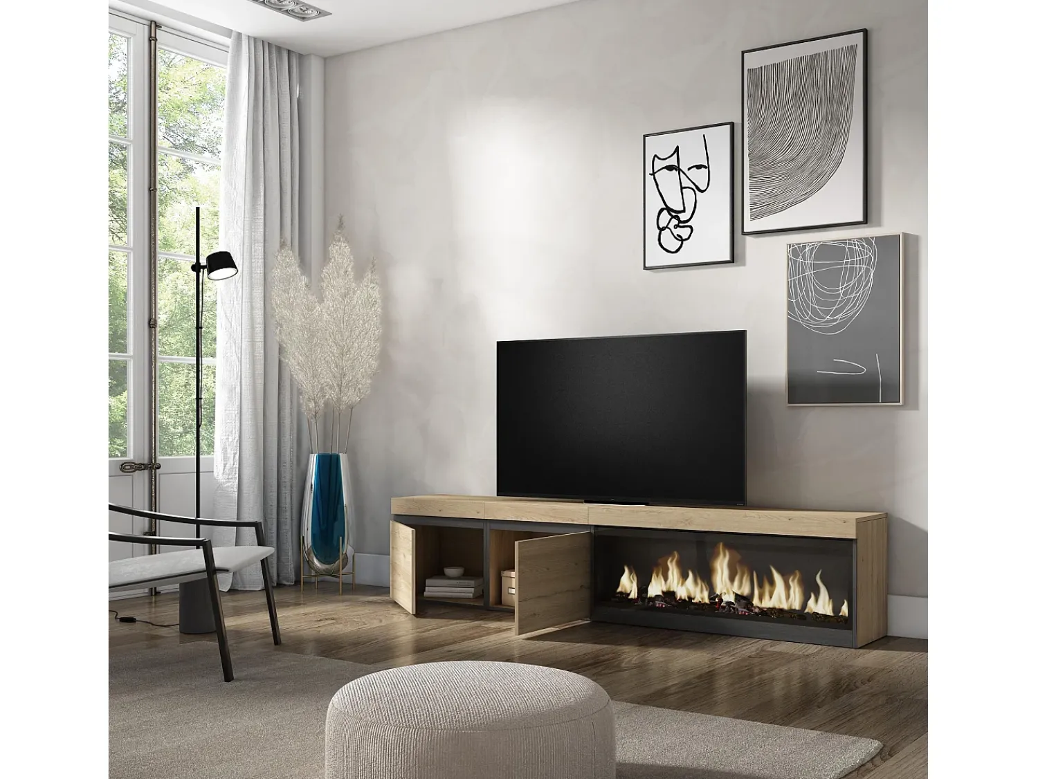 Skraut Home Móvel de TV, 208x35x45cm, Para televisores até 80", Lareira eléctrica XXL, Carvahlo^ Móvel De Tv