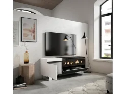 Móvel De Tv*Skraut Home Móvel de TV, 150x35x57cm, Para televisores até 65", Lareira eléctrica, Design industrial, e preto Branco
