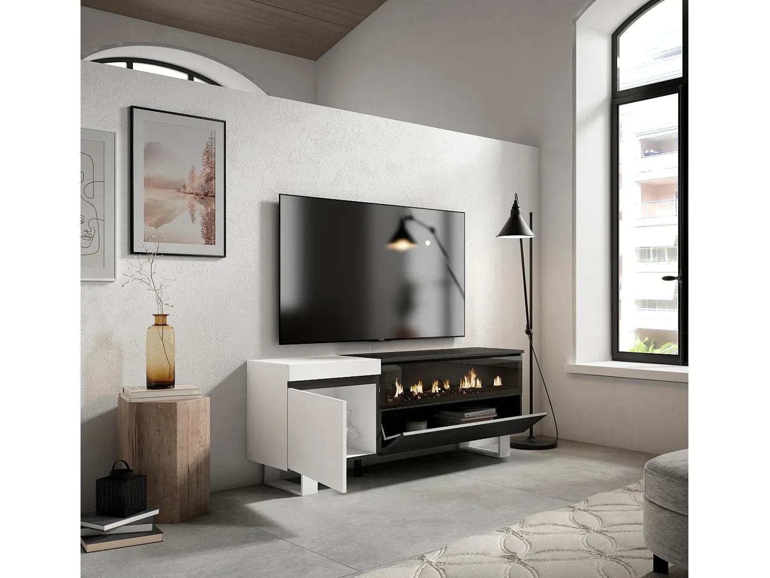 Móvel De Tv*Skraut Home Móvel de TV, 150x35x57cm, Para televisores até 65", Lareira eléctrica, Design industrial, e preto Branco