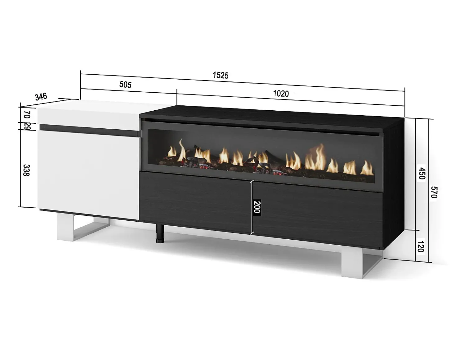 Móvel De Tv*Skraut Home Móvel de TV, 150x35x57cm, Para televisores até 65", Lareira eléctrica, Design industrial, e preto Branco
