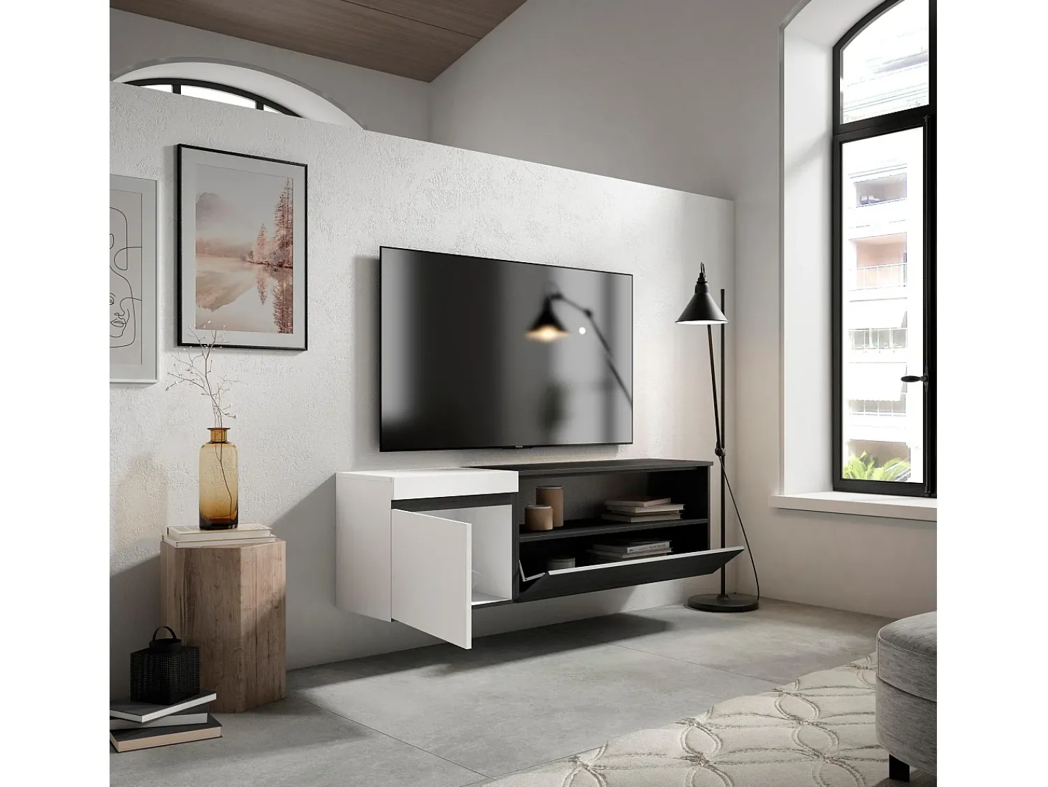 Best Skraut Home Móvel de TV, 150x35x45cm, Para televisores até 65", Suspensos, e preto Branco