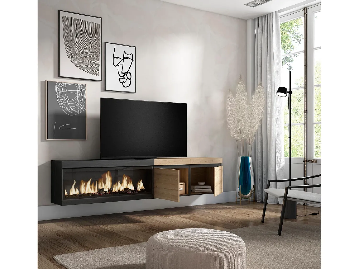 Skraut Home Móvel de TV, 208x35x45cm, Para televisores até 80", Lareira eléctrica XXL, Suspensos, Carvahlo e preto^ Móvel De Tv