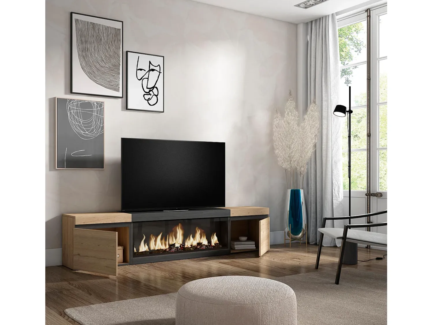 Móvel De Tv*Skraut Home Móvel de TV, 208x35x45cm, Para televisores até 80", Lareira eléctrica XXL, Carvahlo e preto Natural claro