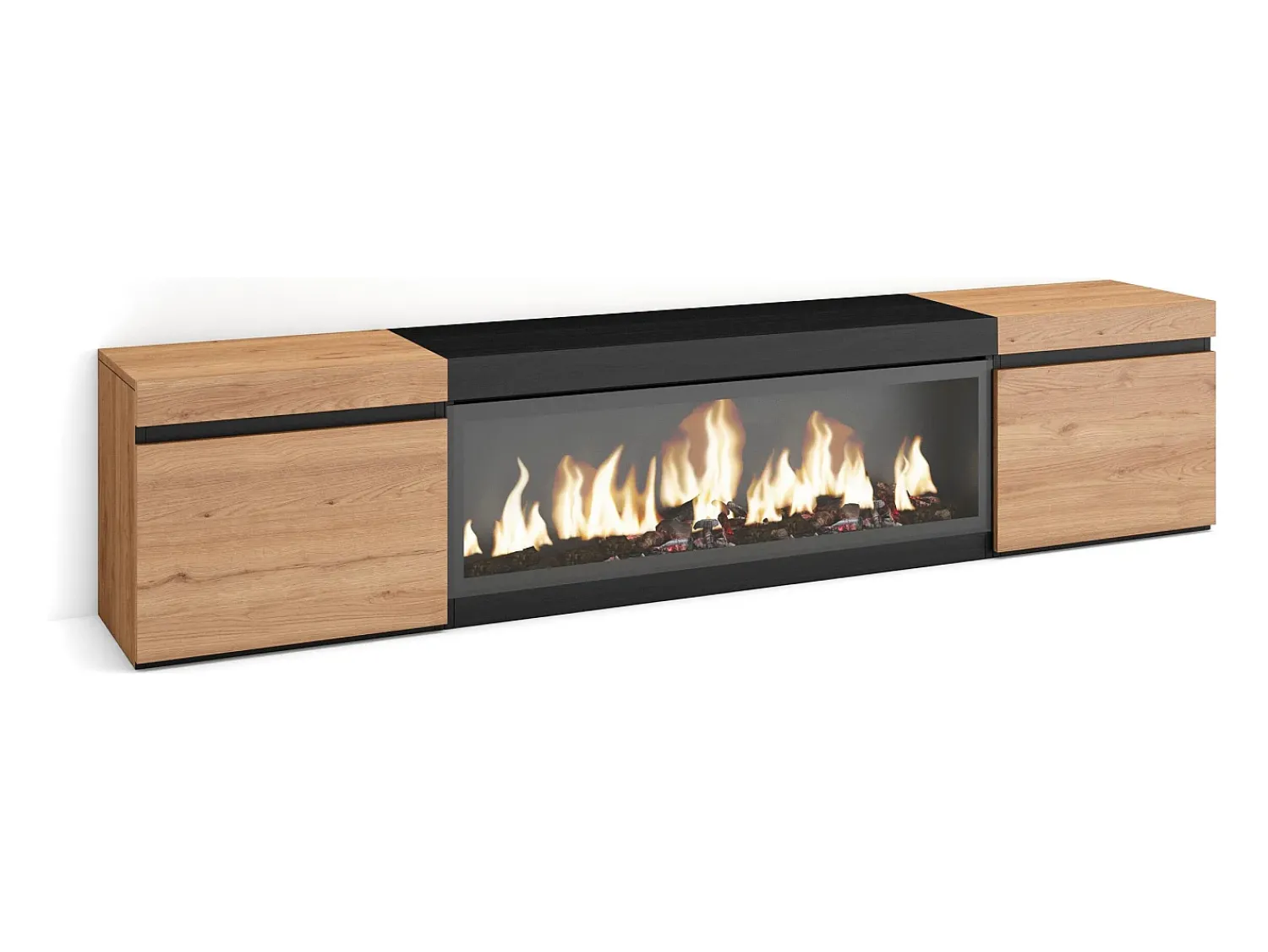 Móvel De Tv*Skraut Home Móvel de TV, 208x35x45cm, Para televisores até 80", Lareira eléctrica XXL, Carvahlo e preto Natural claro