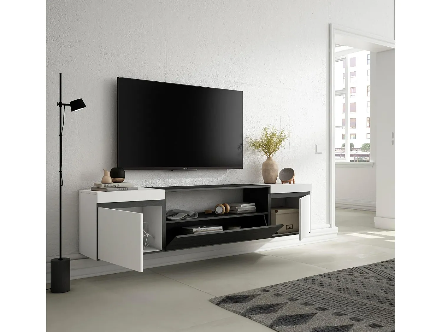 Móvel De Tv|Skraut Home Móvel de TV, 200x35x45cm, Para televisores até 80", Suspensos, e preto Branco