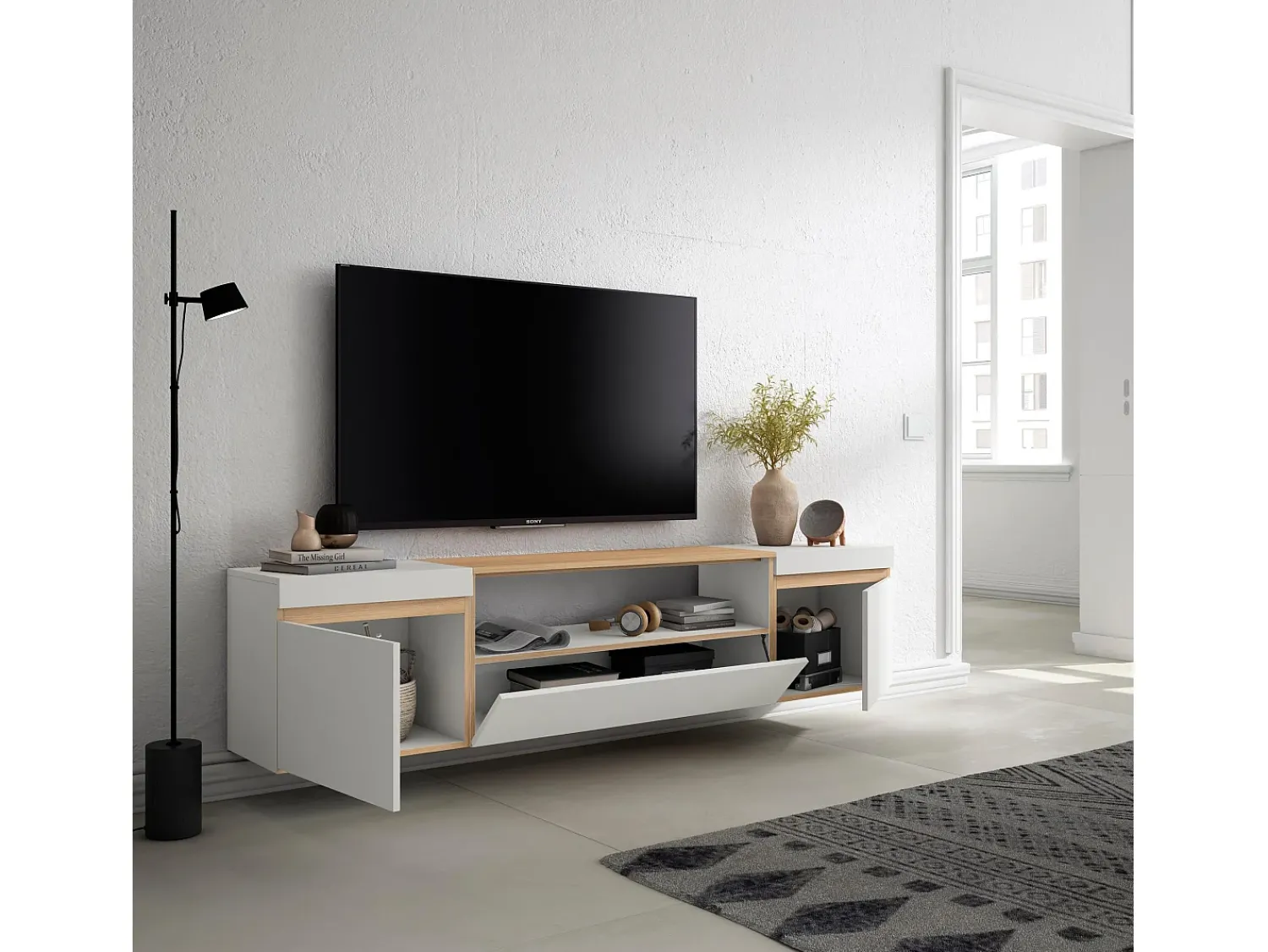 Hot Skraut Home Móvel de TV, 200x35x45cm, Para televisores até 80", Suspensos, e Carvalho soft Branco