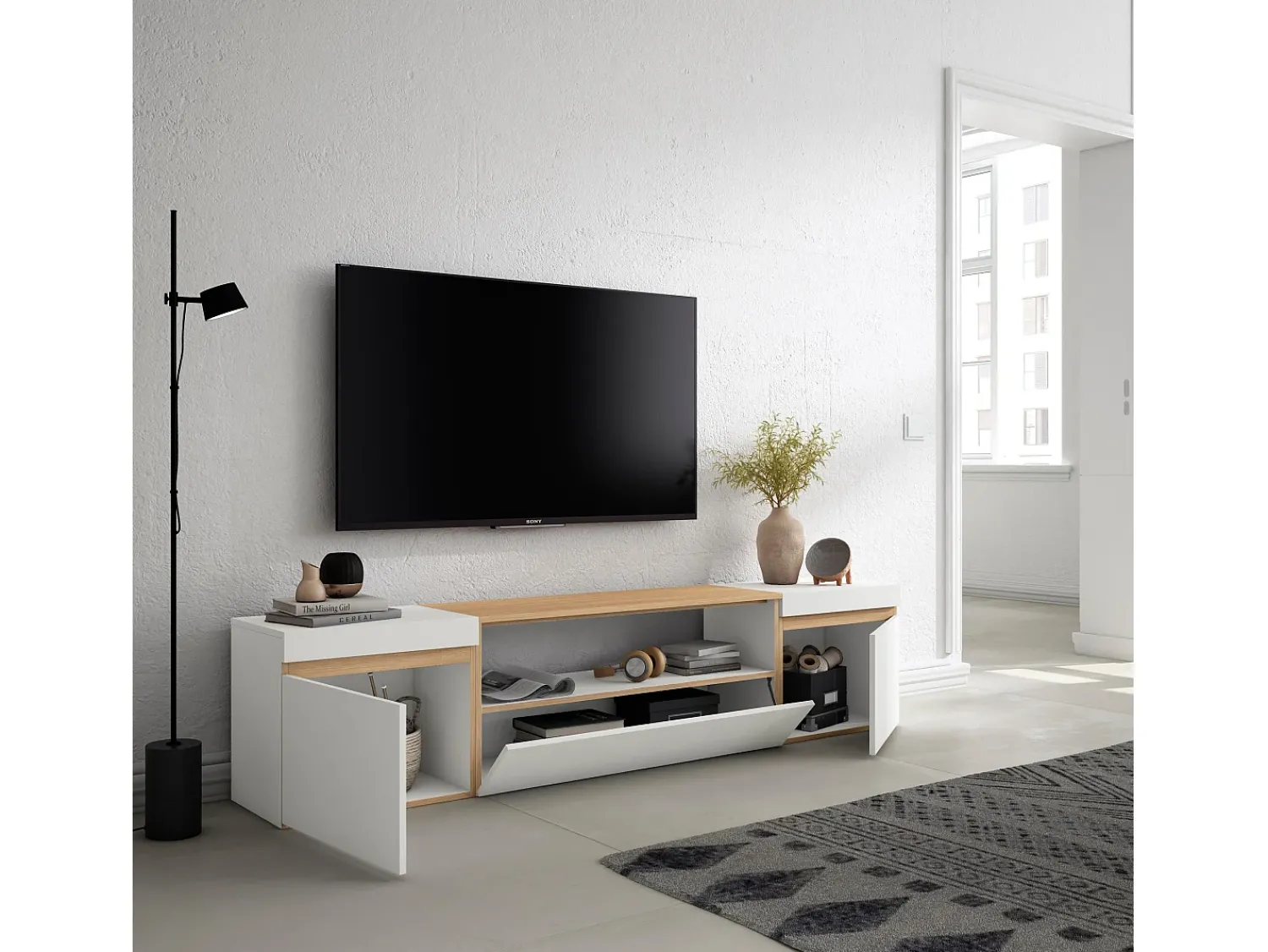 Móvel De Tv*Skraut Home Móvel de TV, 200x35x45cm, Para televisores até 80", Estante para TV, e Carvalho soft Branco