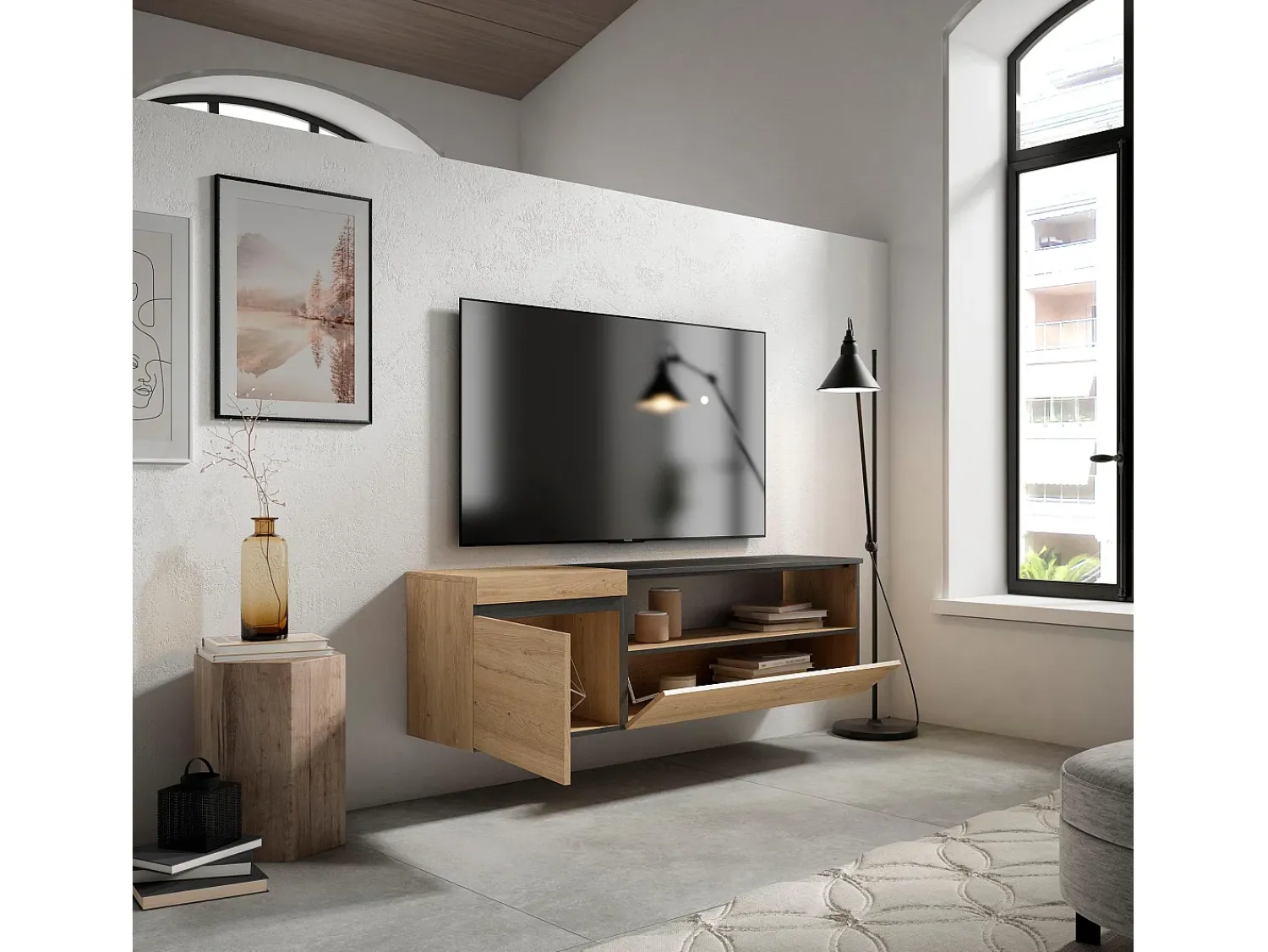 Móvel De Tv|Skraut Home Móvel de TV, 150x35x45cm, Para televisores até 65", Suspensos, Carvahlo e preto Natural claro