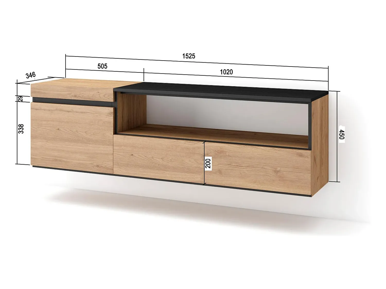 Móvel De Tv|Skraut Home Móvel de TV, 150x35x45cm, Para televisores até 65", Suspensos, Carvahlo e preto Natural claro