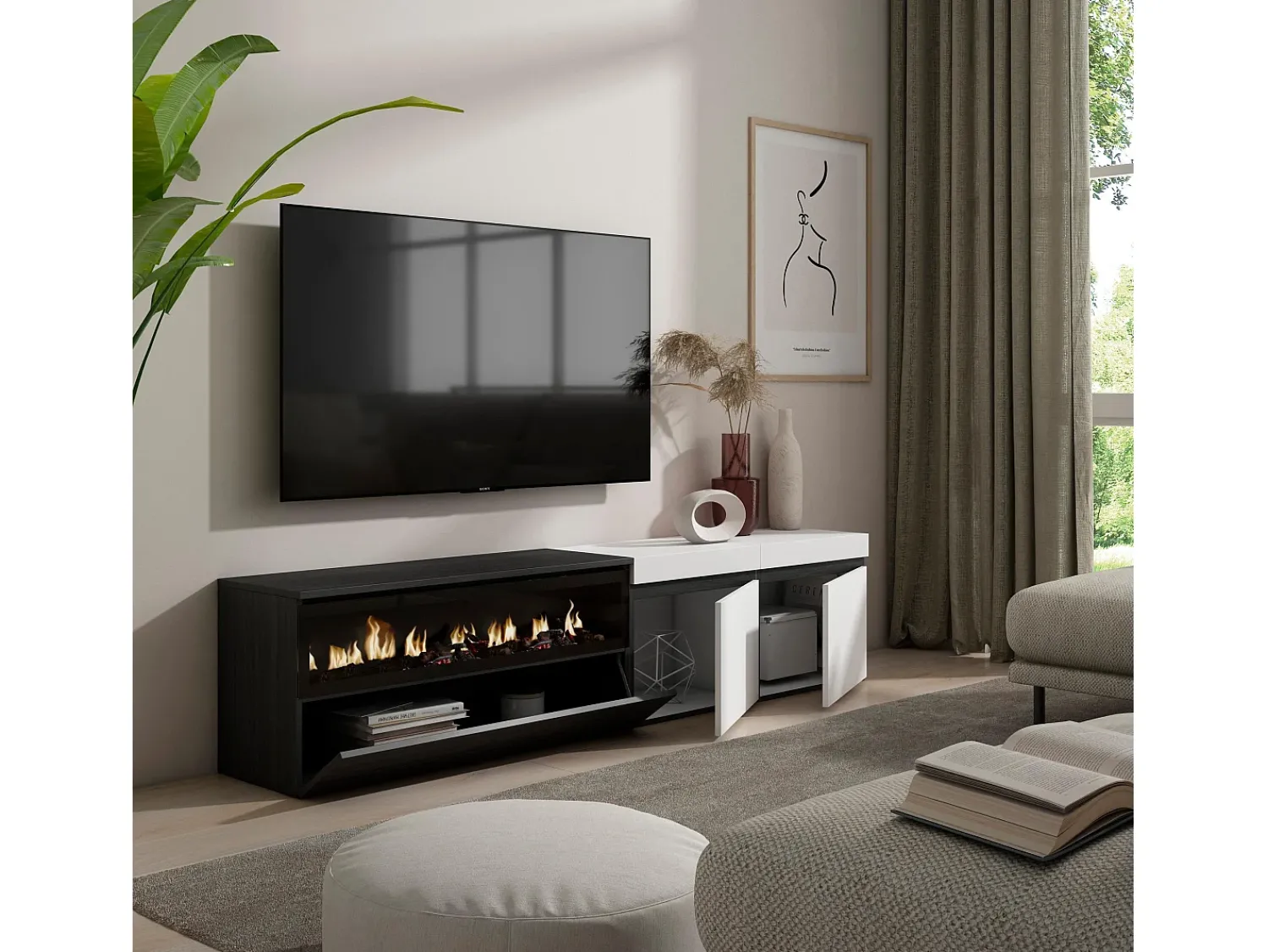 Móvel De Tv*Skraut Home Móvel de TV, 200x35x45cm, Para televisores até 80", Lareira eléctrica, e preto Branco