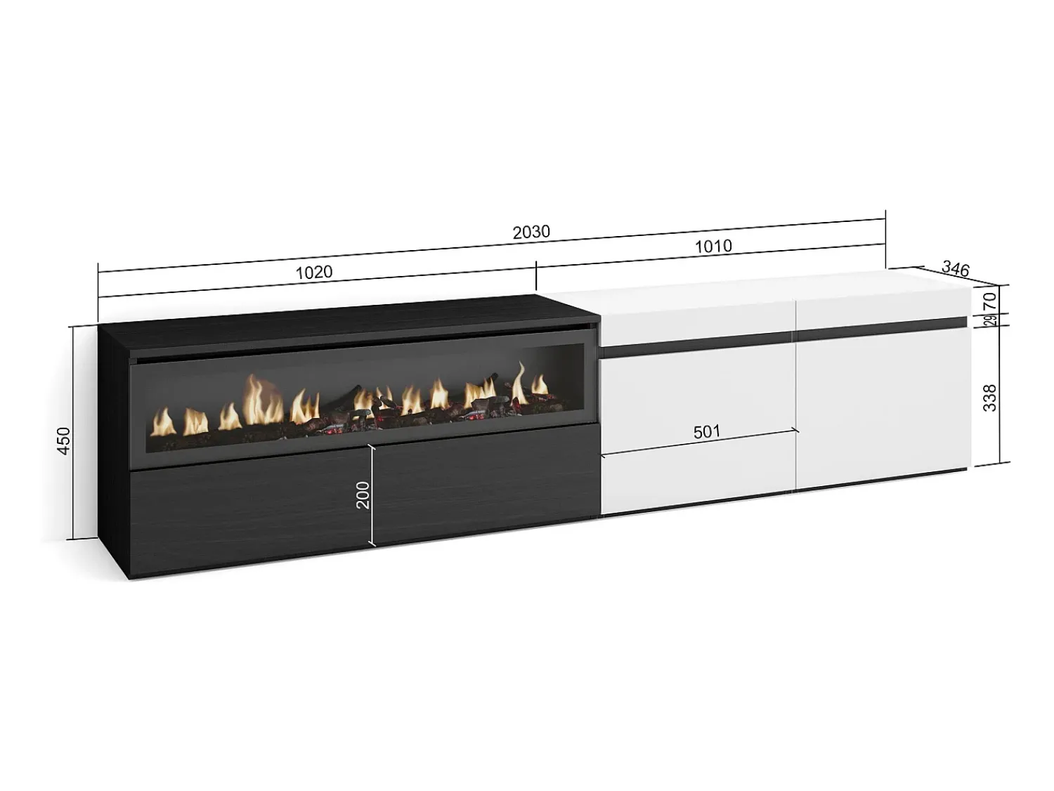 Móvel De Tv*Skraut Home Móvel de TV, 200x35x45cm, Para televisores até 80", Lareira eléctrica, e preto Branco