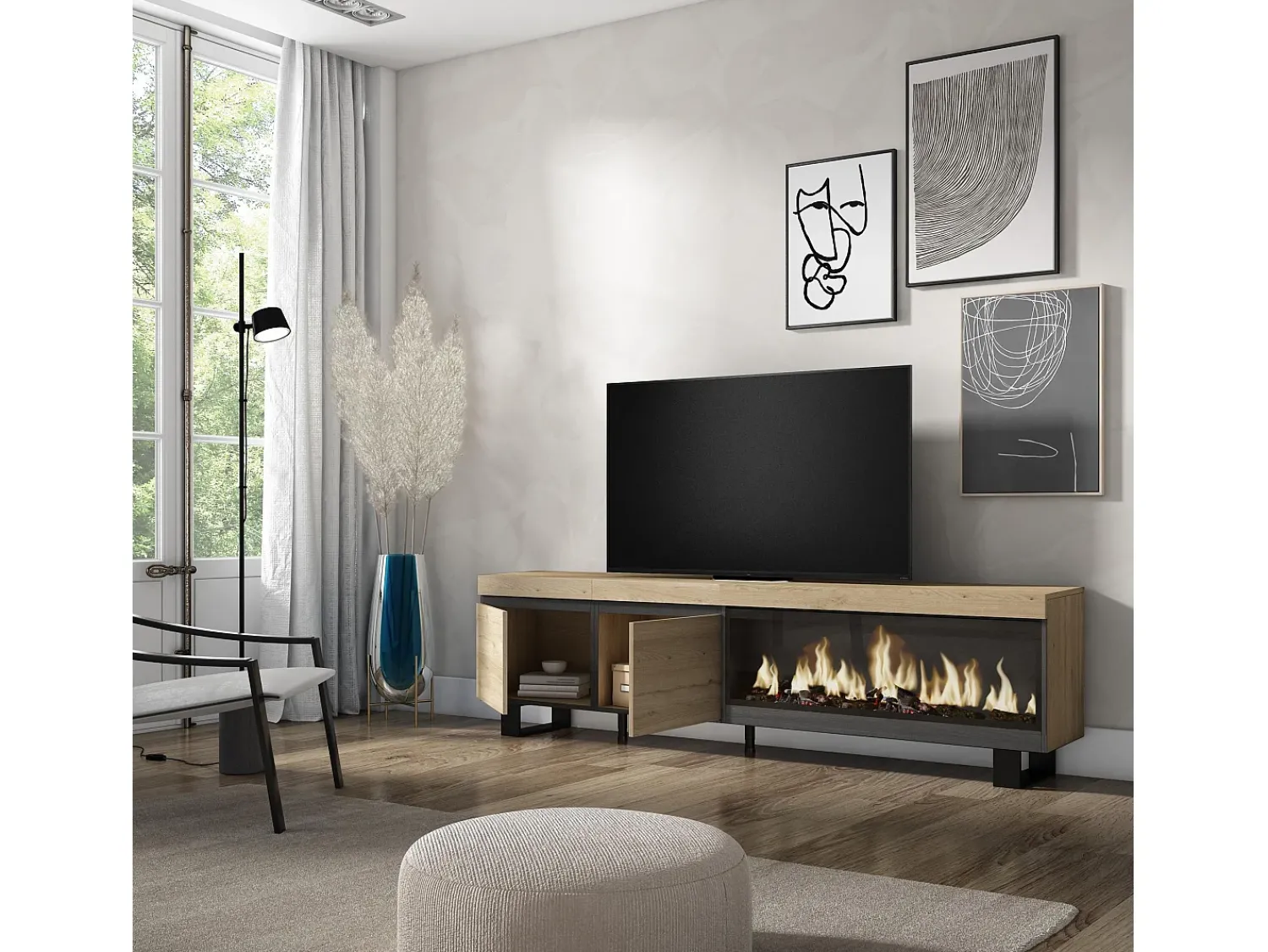 Sale Skraut Home Móvel de TV, 208x35x57cm, Para televisores até 80", Lareira eléctrica XXL, Design industrial, Carvahlo Natural claro