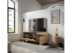 Móvel De Tv|Skraut Home Móvel de TV, 150x35x57cm, Para televisores até 65", Design industrial, Carvahlo e preto Natural claro
