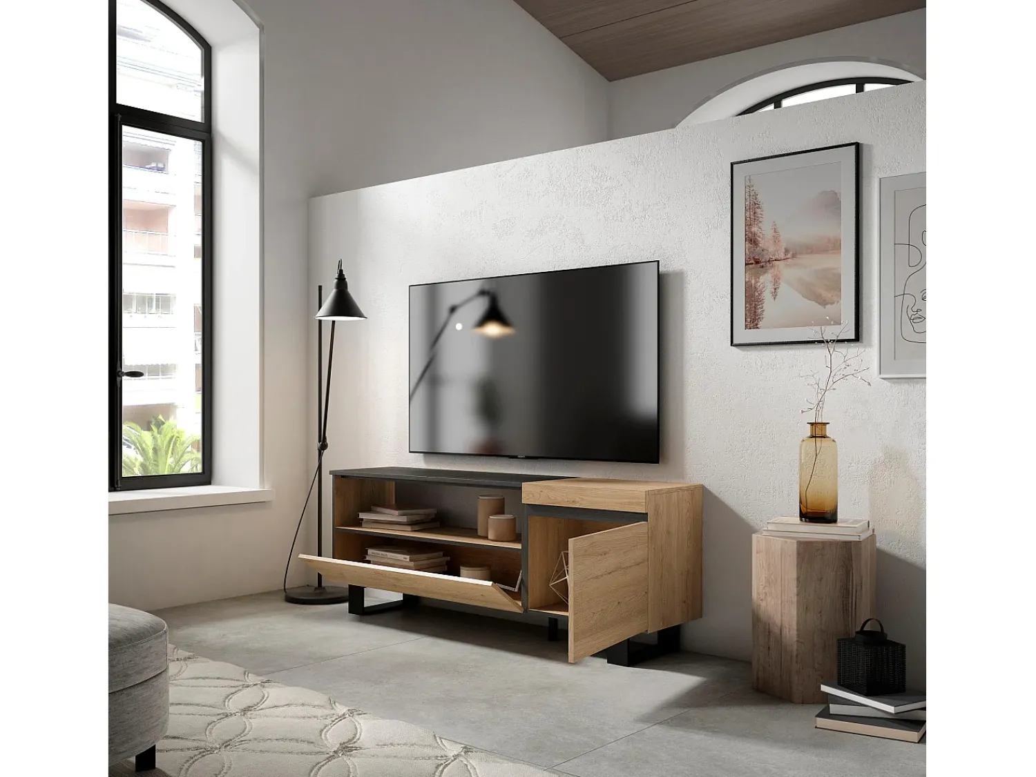 Móvel De Tv|Skraut Home Móvel de TV, 150x35x57cm, Para televisores até 65", Design industrial, Carvahlo e preto Natural claro