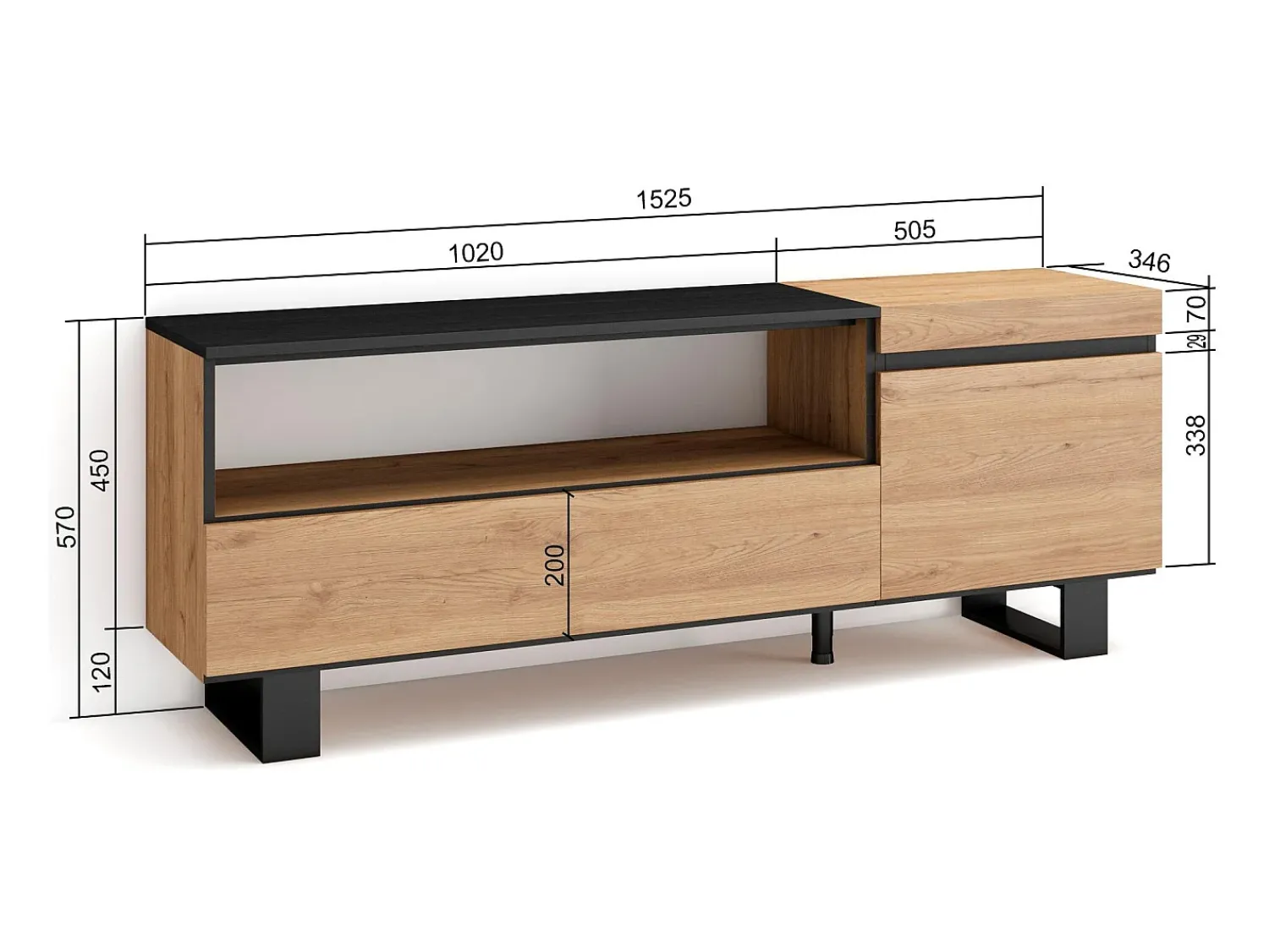 Móvel De Tv|Skraut Home Móvel de TV, 150x35x57cm, Para televisores até 65", Design industrial, Carvahlo e preto Natural claro
