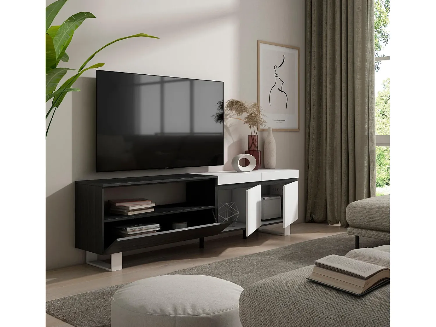 Hot Skraut Home Móvel de TV, 200x35x57cm, Para televisores até 80", Design industrial, e preto Branco
