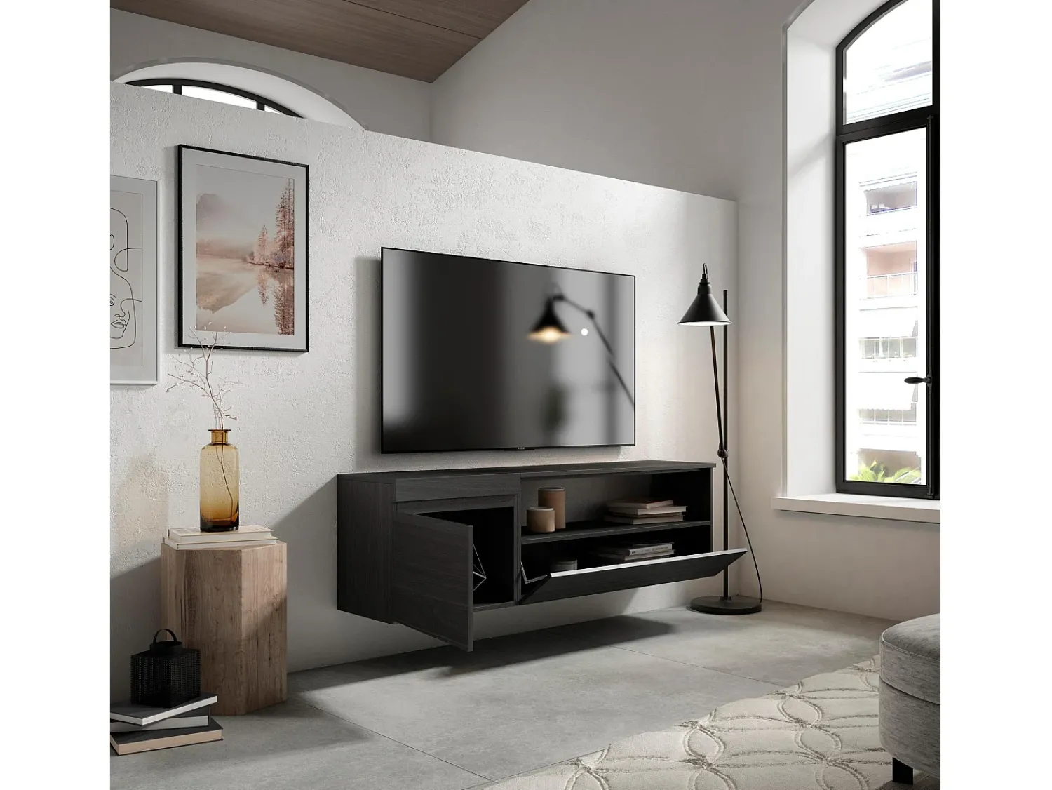 Móvel De Tv*Skraut Home Móvel de TV, 150x35x45cm, Para televisores até 65", Suspensos, Preto
