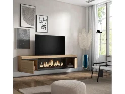 Skraut Home Móvel de TV, 208x35x45cm, Para televisores até 80", Lareira eléctrica XXL, Suspensos, Carvahlo Natural claro
