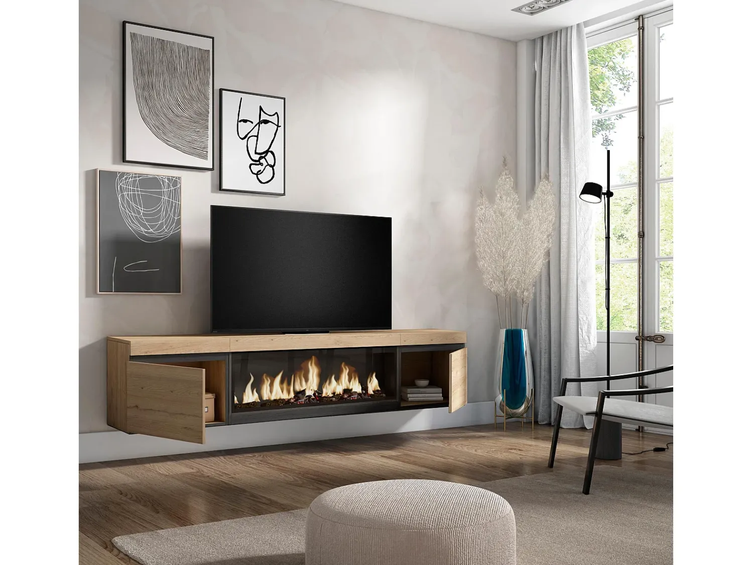 Skraut Home Móvel de TV, 208x35x45cm, Para televisores até 80", Lareira eléctrica XXL, Suspensos, Carvahlo Natural claro
