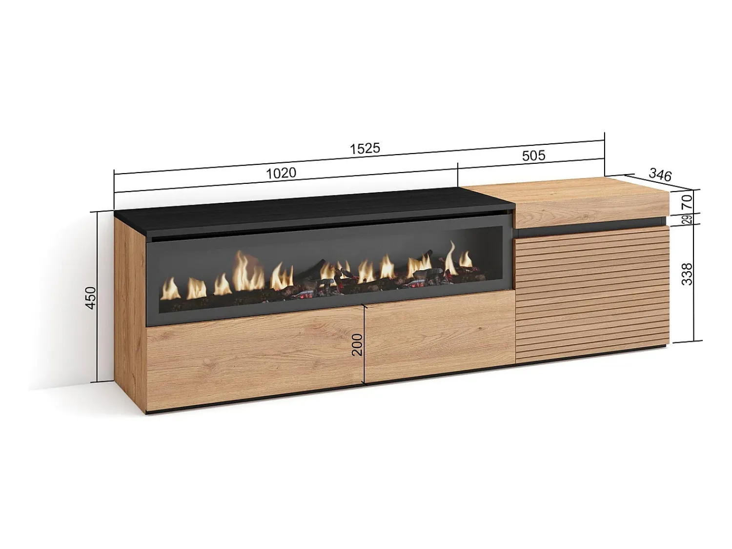 Móvel De Tv*Skraut Home Móvel de TV, 150x35x45cm, Para televisores até 65", Lareira eléctrica, Carvahlo Natural claro