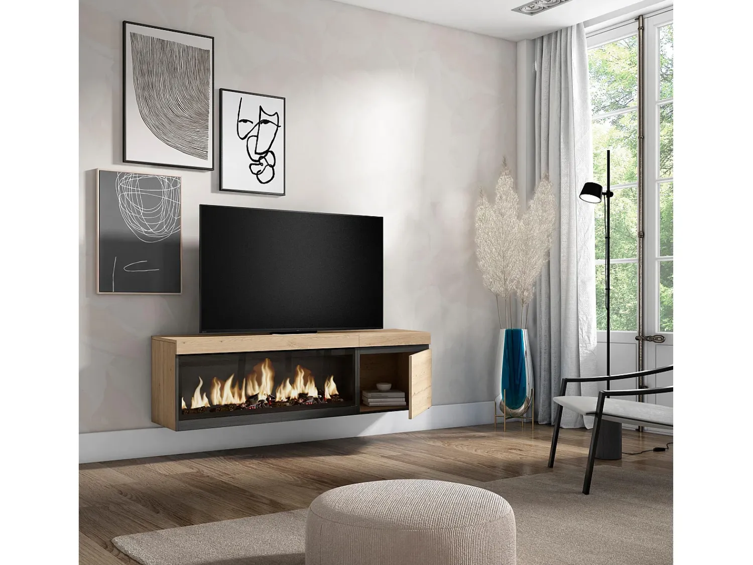 Skraut Home Móvel de TV, 158x35x45cm, Para televisores até 65", Lareira eléctrica XXL, Suspensos, Carvahlo^ Móvel De Tv