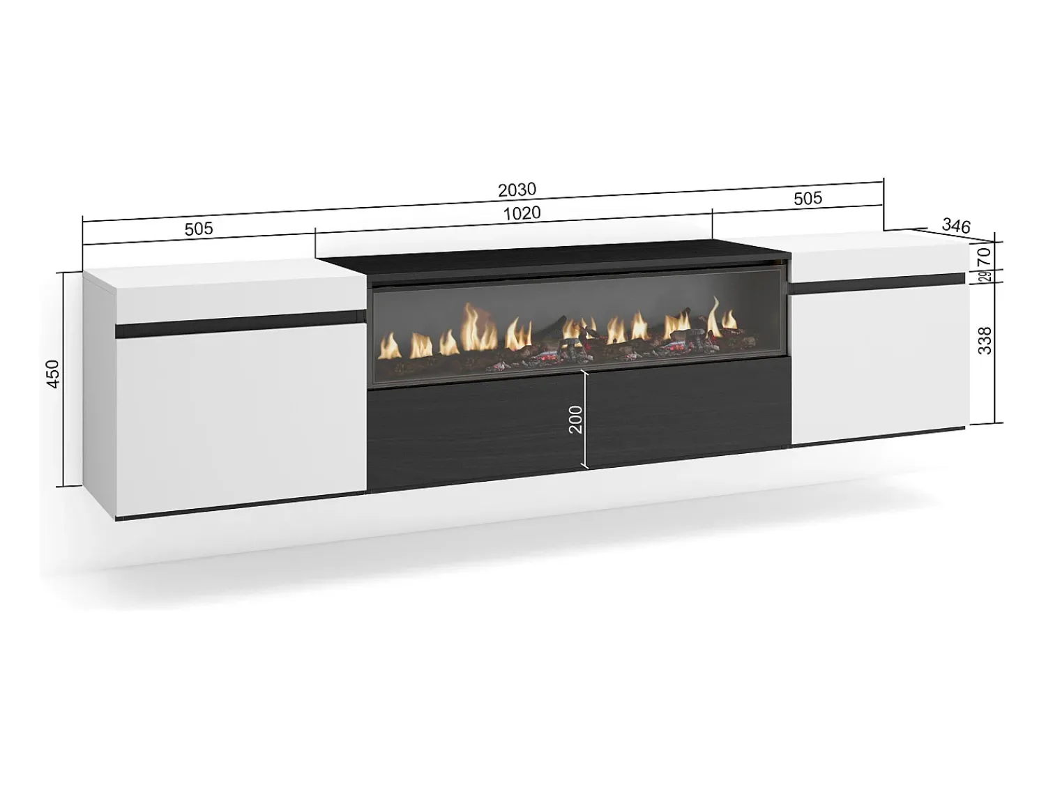Móvel De Tv*Skraut Home Móvel de TV, 200x45x35cm, Para televisores até 80", Lareira eléctrica, Suspensos, e preto Branco