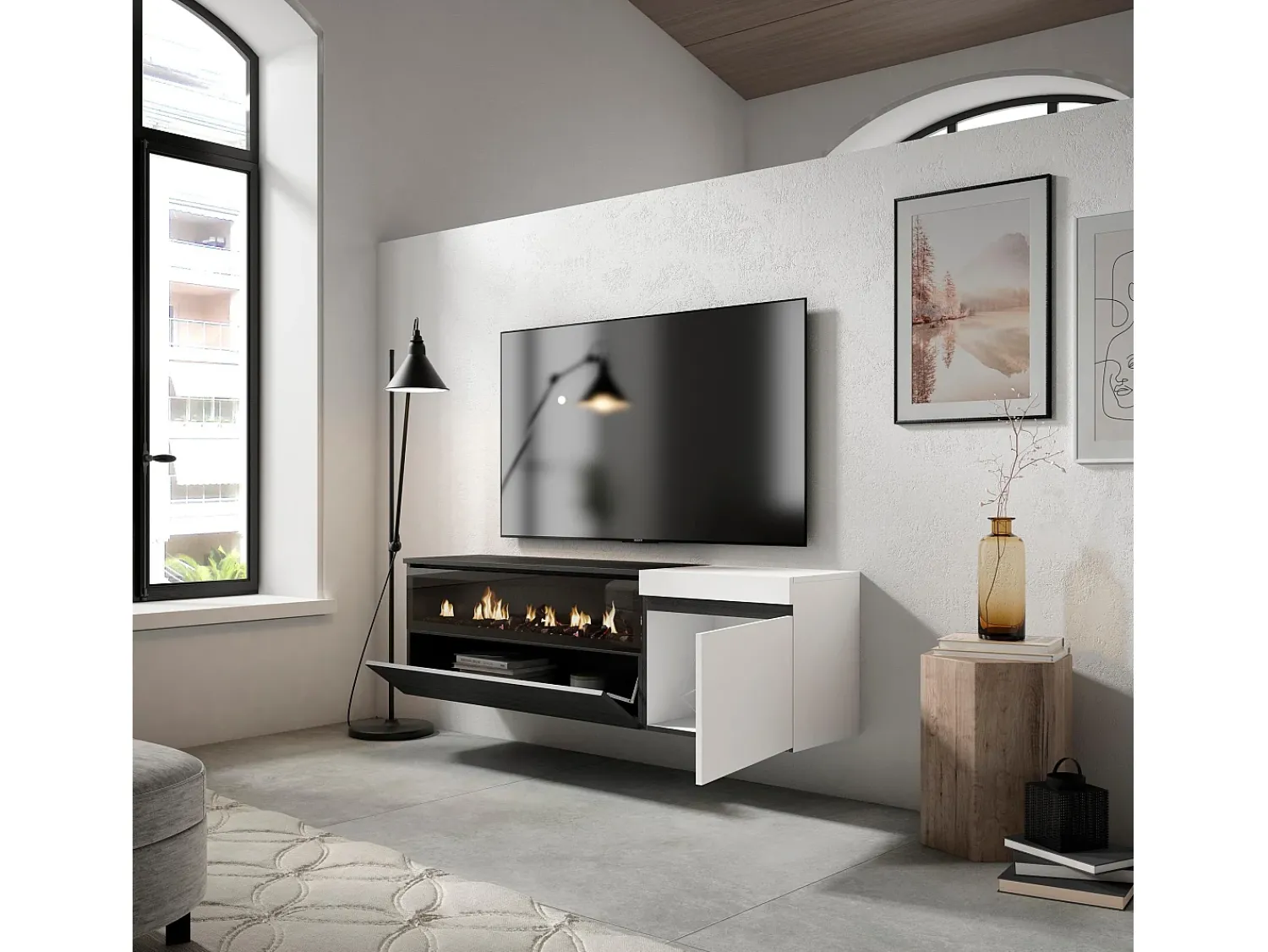 Móvel De Tv|Skraut Home Móvel de TV, 150x35x45cm, Para televisores até 65", Lareira eléctrica, Suspensos, e preto Branco