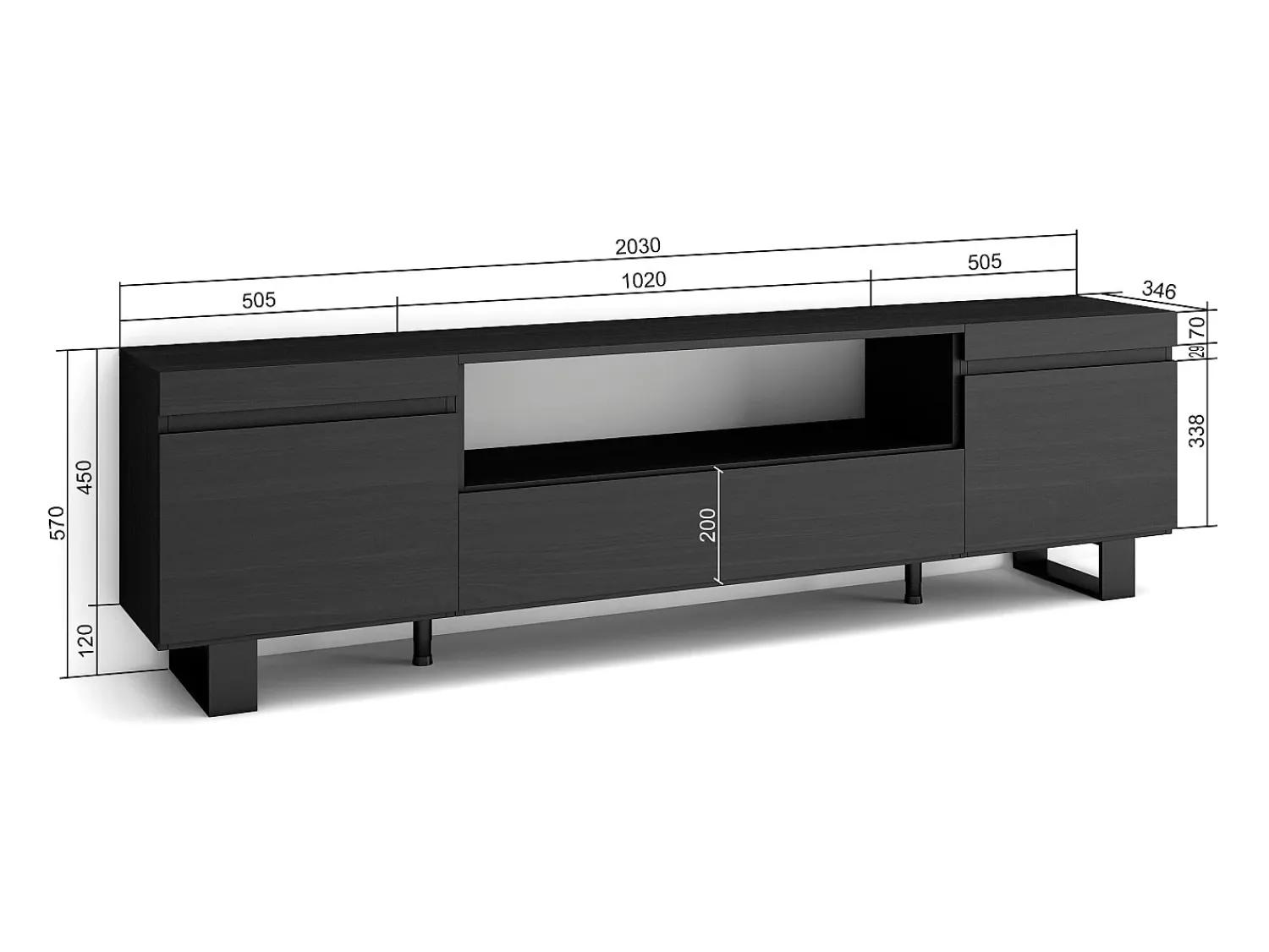 Móvel De Tv*Skraut Home Móvel de TV, 200x35x57cm, Para televisores até 80", Design industrial, Preto