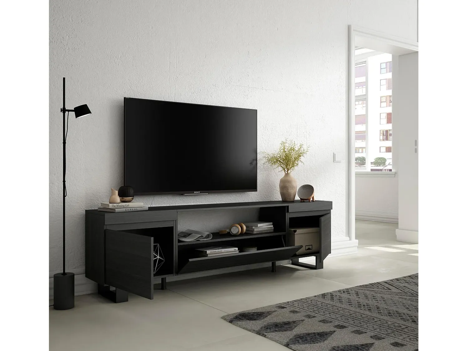 Móvel De Tv*Skraut Home Móvel de TV, 200x35x57cm, Para televisores até 80", Design industrial, Preto