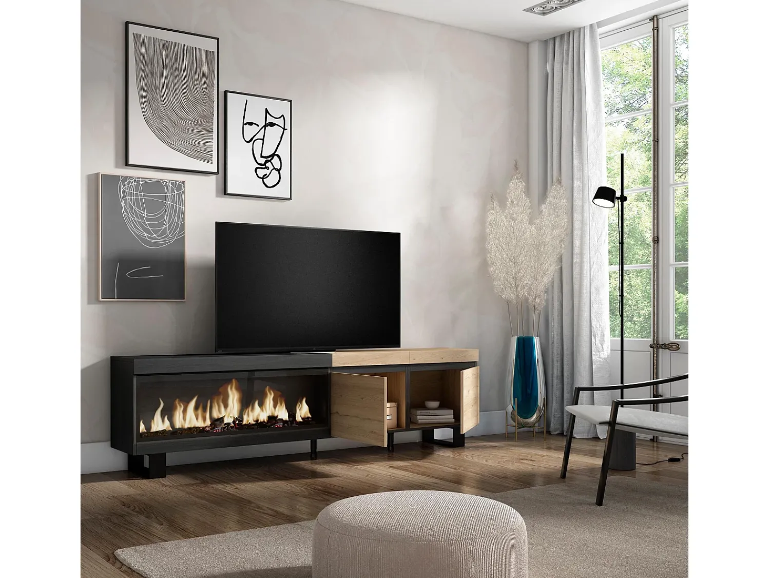 Móvel De Tv*Skraut Home Móvel de TV, 208x35x57cm, Para televisores até 80", Lareira eléctrica XXL, Design industrial, Carvahlo e preto Natural claro
