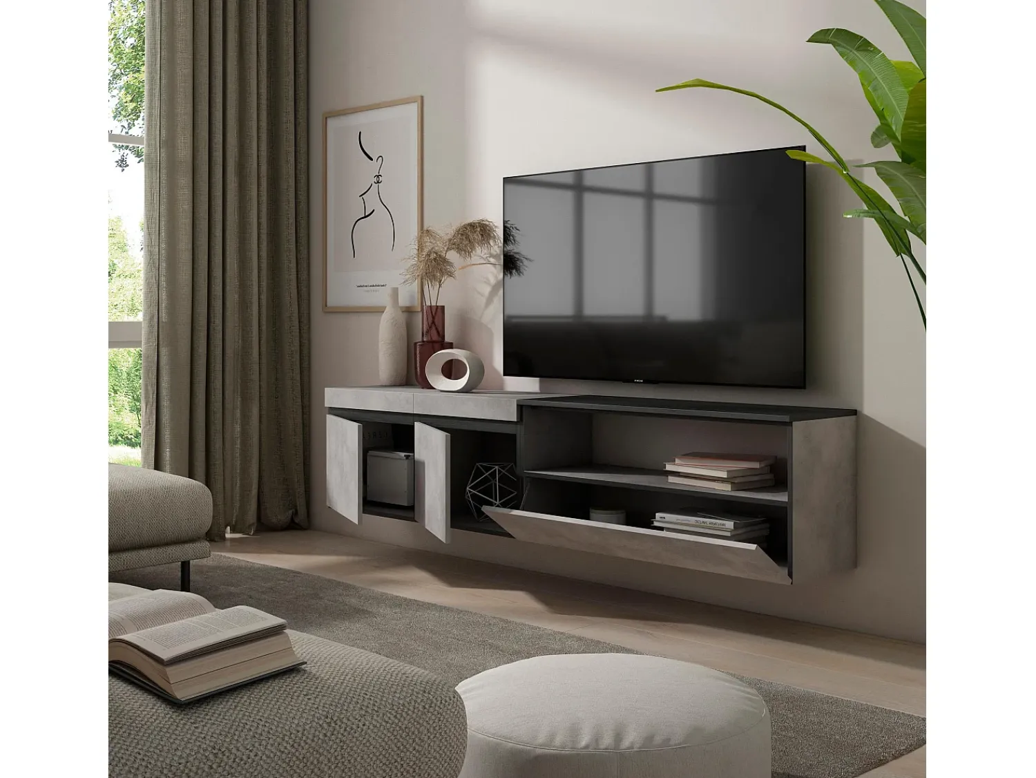 Móvel De Tv*Skraut Home Móvel de TV, 200x35x45cm, Para televisores até 80", Suspensos, Cimento Cinzento