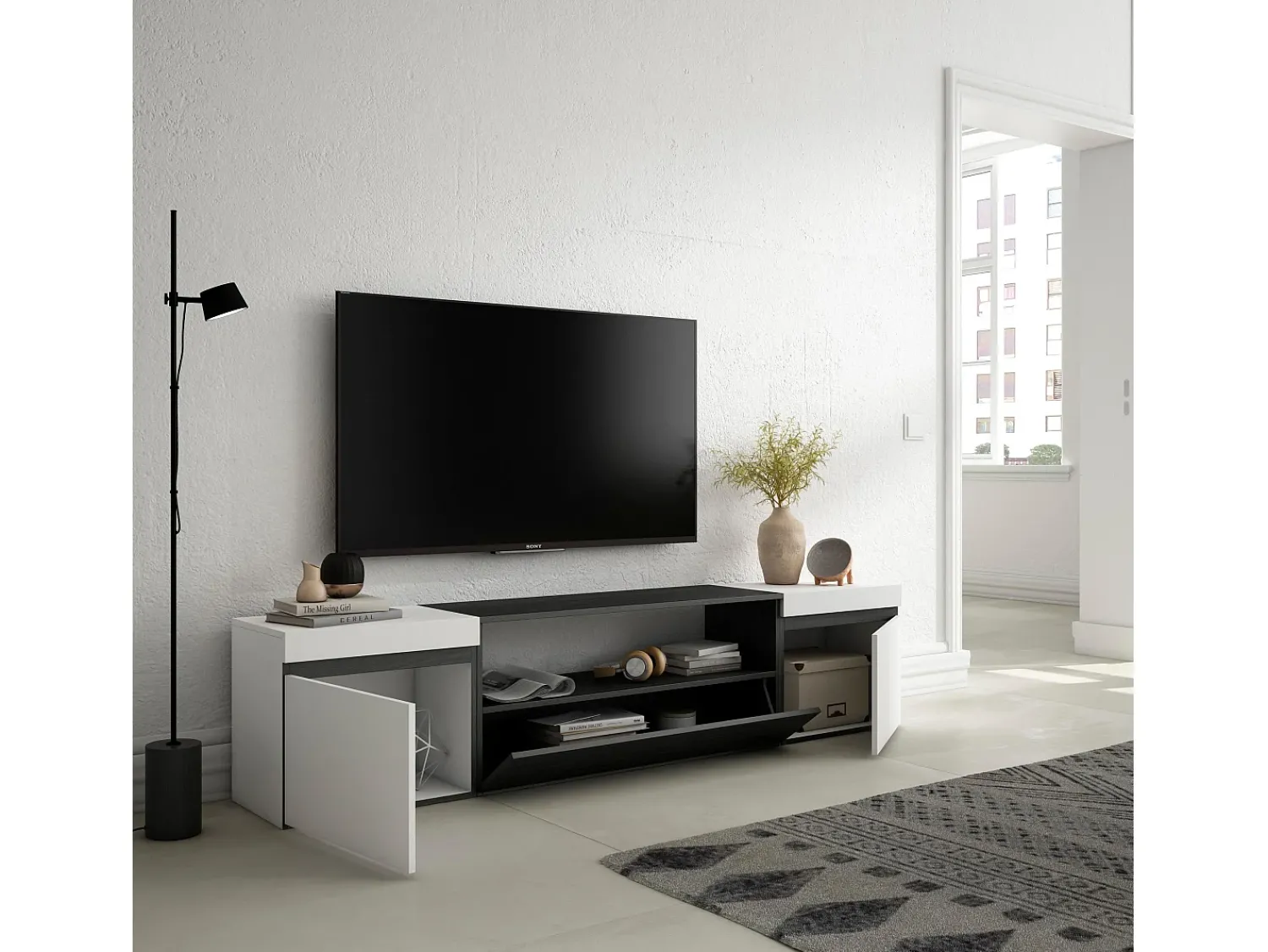 Skraut Home Móvel de TV, 200x35x45cm, Para televisores até 80", Estante para TV, e preto^ Móvel De Tv