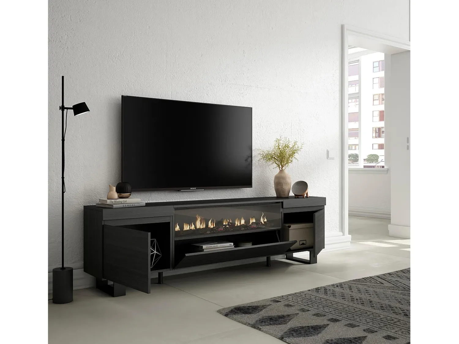 Skraut Home Móvel de TV, 200x35x57cm, Para televisores até 80", Lareira eléctrica, Design industrial,^ Móvel De Tv