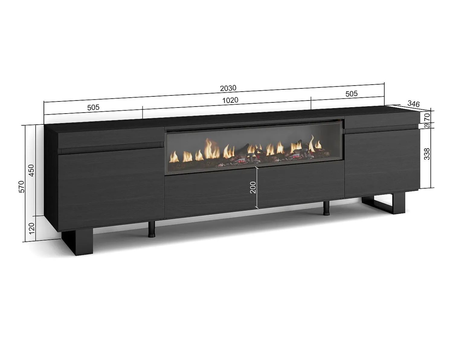 Skraut Home Móvel de TV, 200x35x57cm, Para televisores até 80", Lareira eléctrica, Design industrial,^ Móvel De Tv
