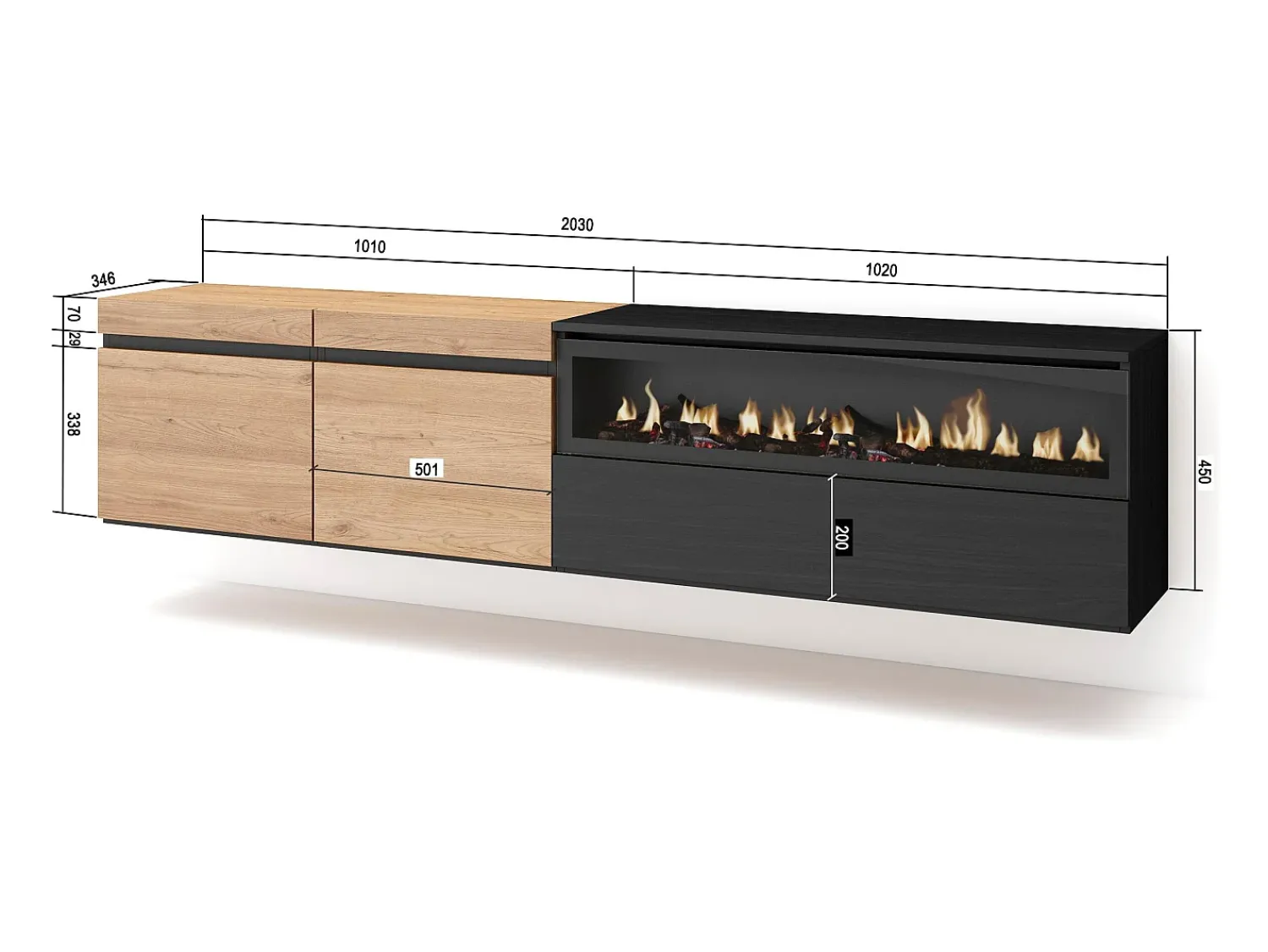 Móvel De Tv|Skraut Home Móvel de TV, 200x35x45cm, Para televisores até 80", Lareira eléctrica, Suspensos, Carvahlo e preto Natural claro