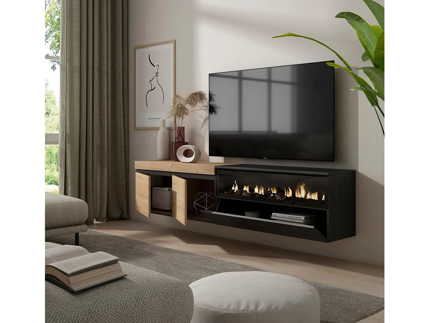 Móvel De Tv|Skraut Home Móvel de TV, 200x35x45cm, Para televisores até 80", Lareira eléctrica, Suspensos, Carvahlo e preto Natural claro