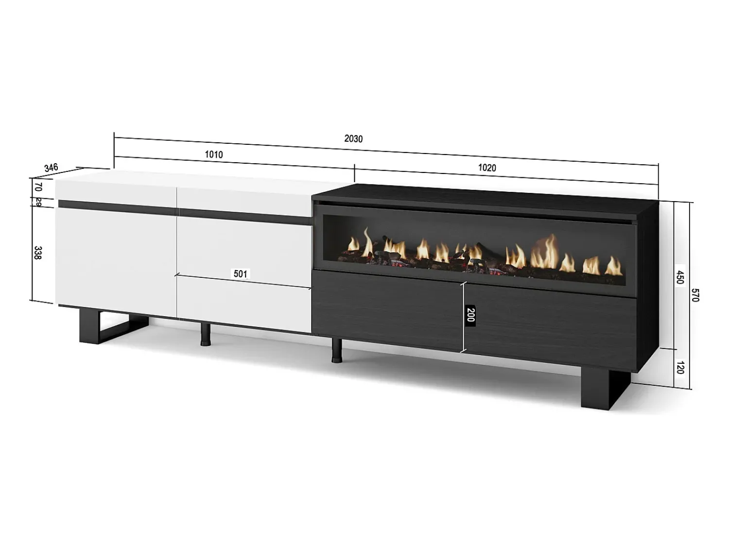New Skraut Home Móvel de TV, 200x35x57cm, Para televisores até 80", Lareira eléctrica, Design industrial, e preto Branco