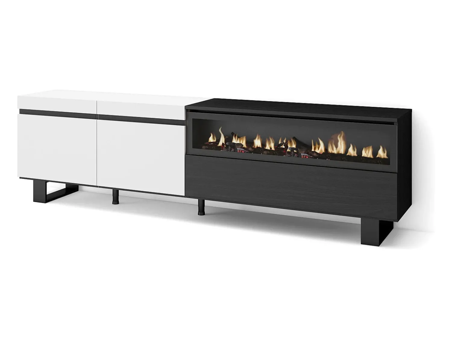 New Skraut Home Móvel de TV, 200x35x57cm, Para televisores até 80", Lareira eléctrica, Design industrial, e preto Branco