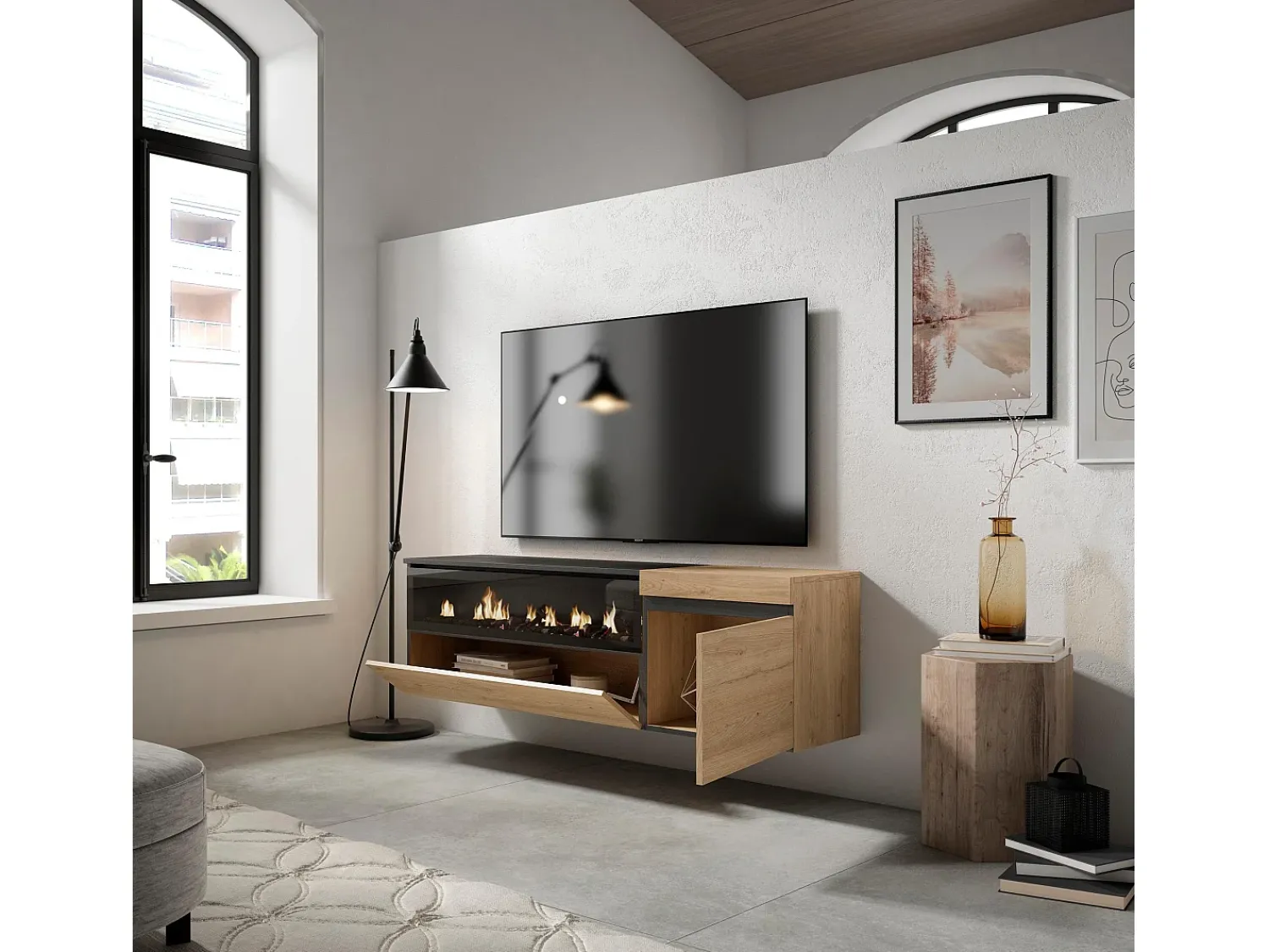 Móvel De Tv*Skraut Home Móvel de TV, 150x35x45cm, Para televisores até 65", Lareira eléctrica, Suspensos, Carvahlo e preto Natural claro