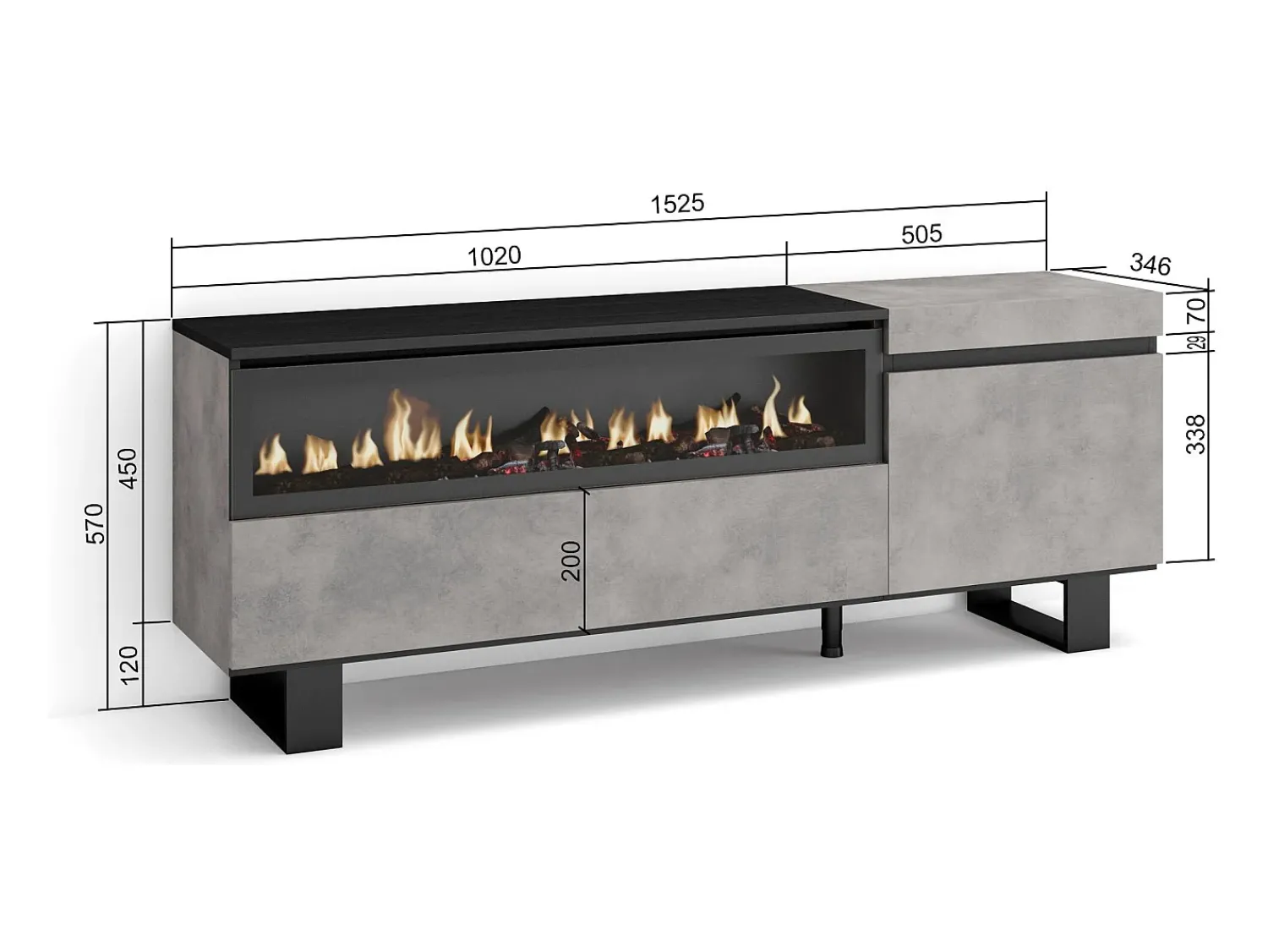 Skraut Home Móvel de TV, 150x35x57cm, Para televisores até 65", Lareira eléctrica, Design industrial, Cimento^ Móvel De Tv