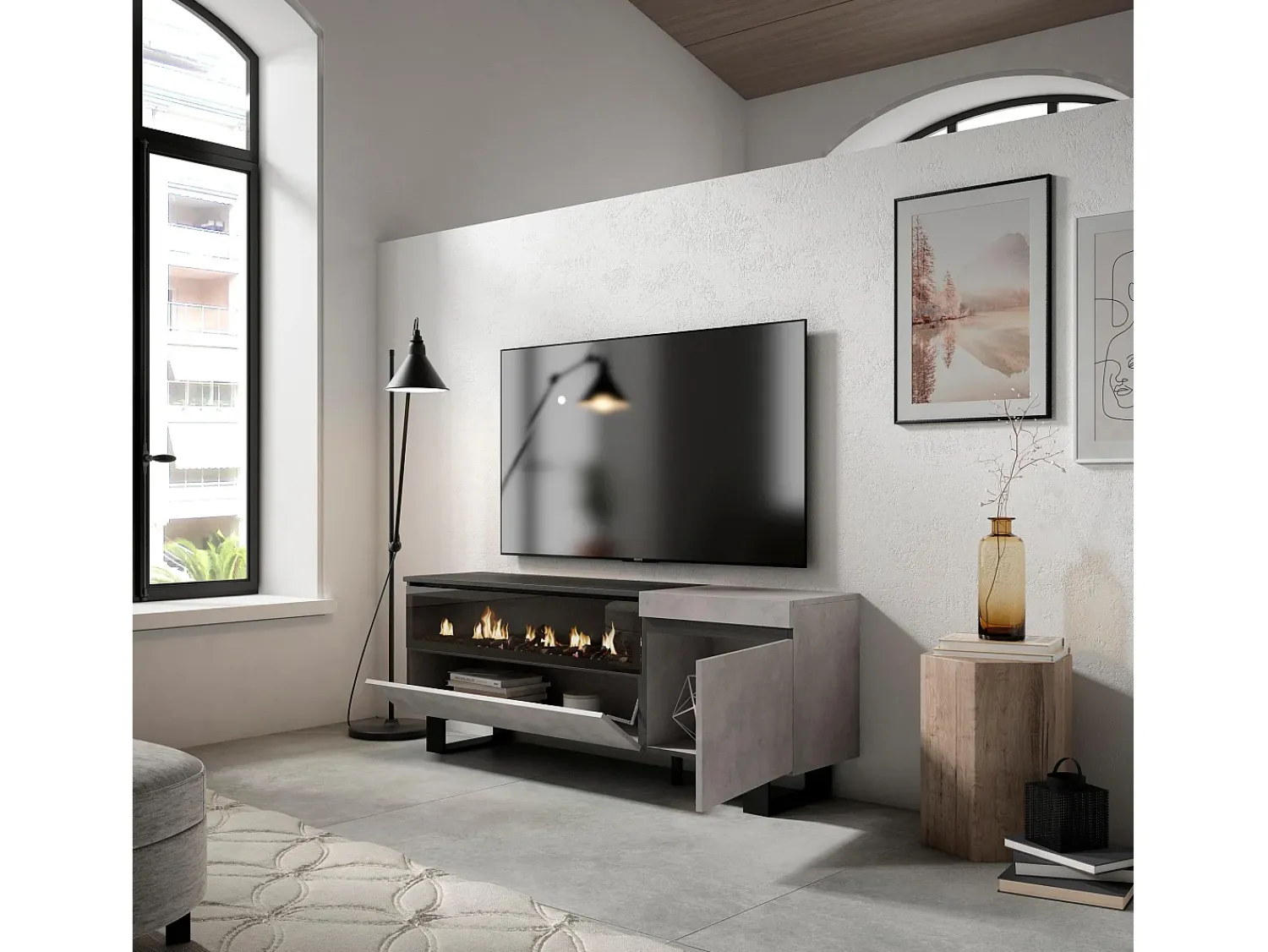 Skraut Home Móvel de TV, 150x35x57cm, Para televisores até 65", Lareira eléctrica, Design industrial, Cimento^ Móvel De Tv