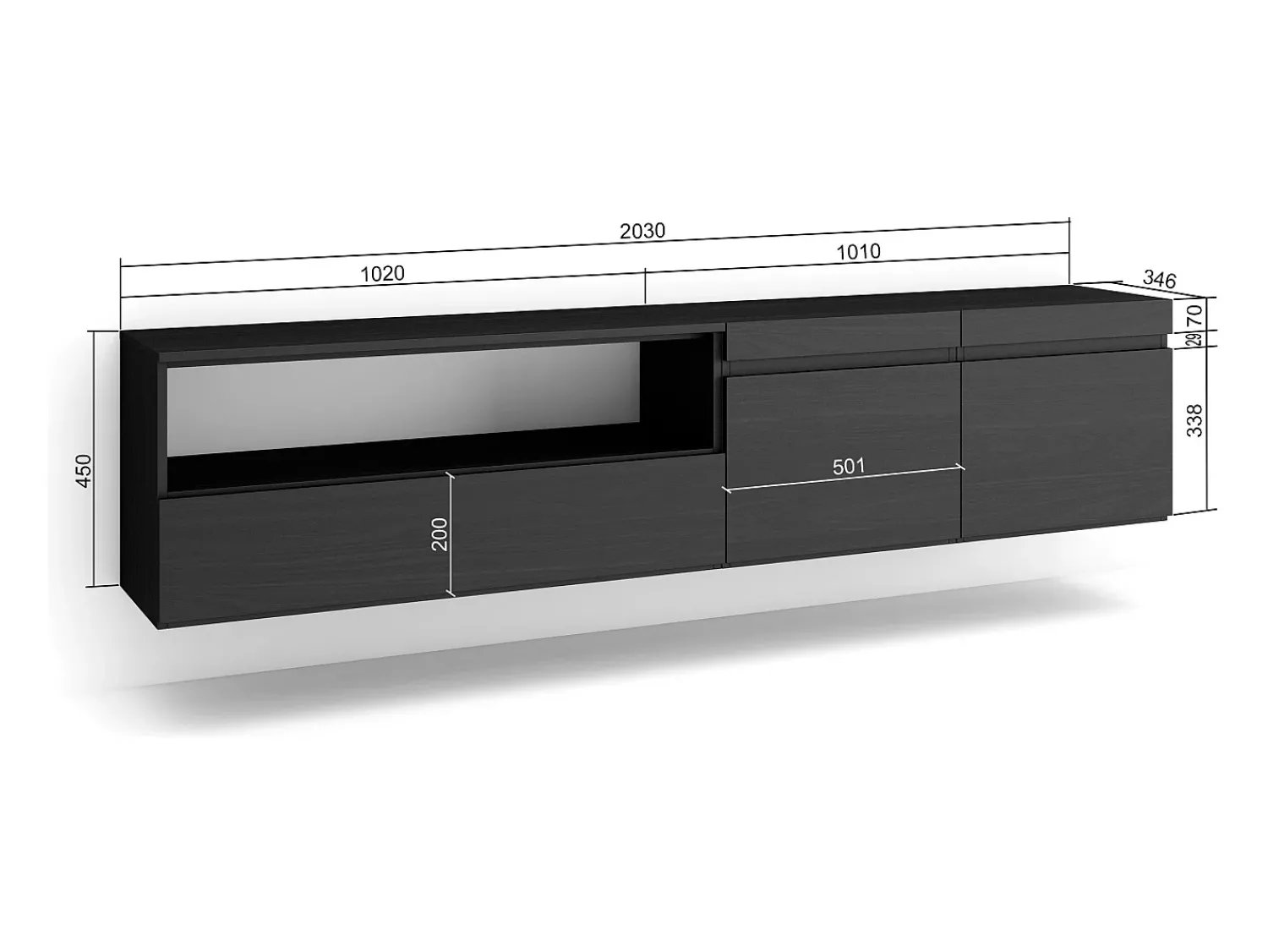 Outlet Skraut Home Móvel de TV, 200x35x45cm, Para televisores até 80", Suspensos, Preto