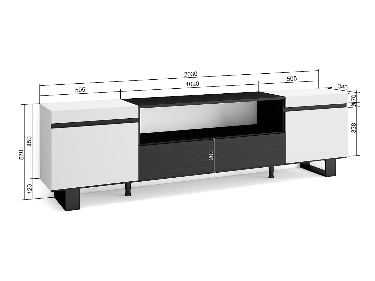 Skraut Home Móvel de TV, 200x35x57cm, Para televisores até 80", Design industrial, e preto^ Móvel De Tv
