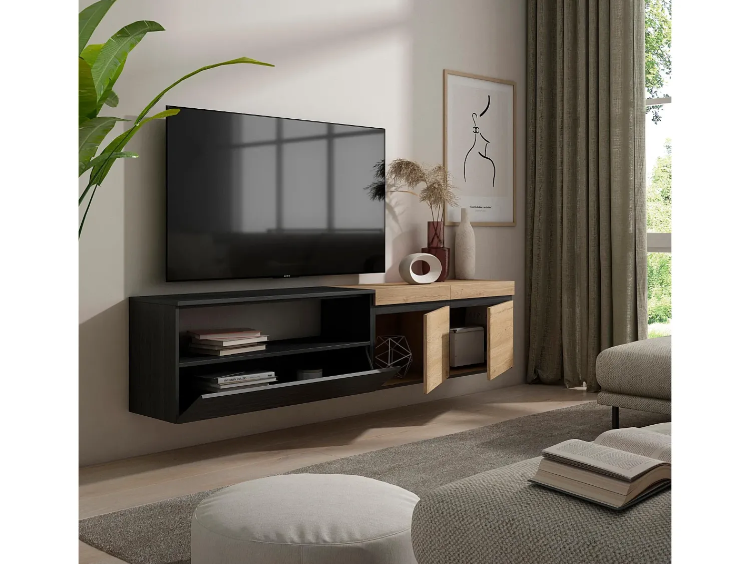 Móvel De Tv|Skraut Home Móvel de TV, 200x35x45cm, Para televisores até 80", Suspensos, Carvahlo e preto Natural claro