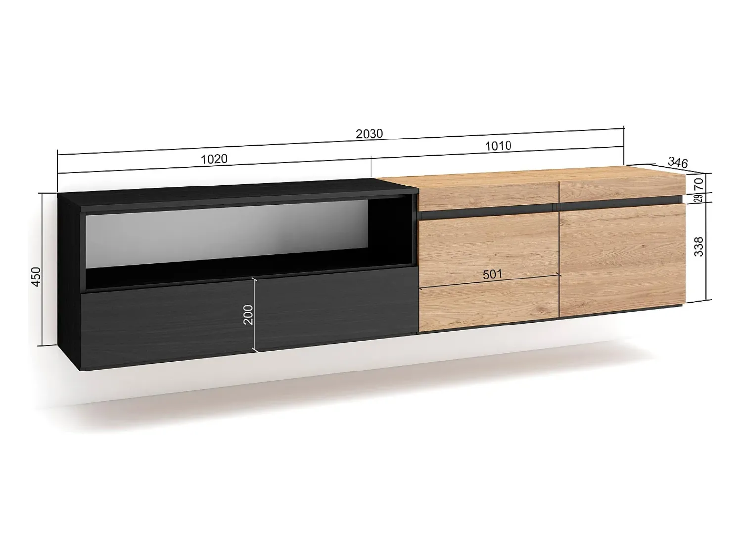 Móvel De Tv|Skraut Home Móvel de TV, 200x35x45cm, Para televisores até 80", Suspensos, Carvahlo e preto Natural claro