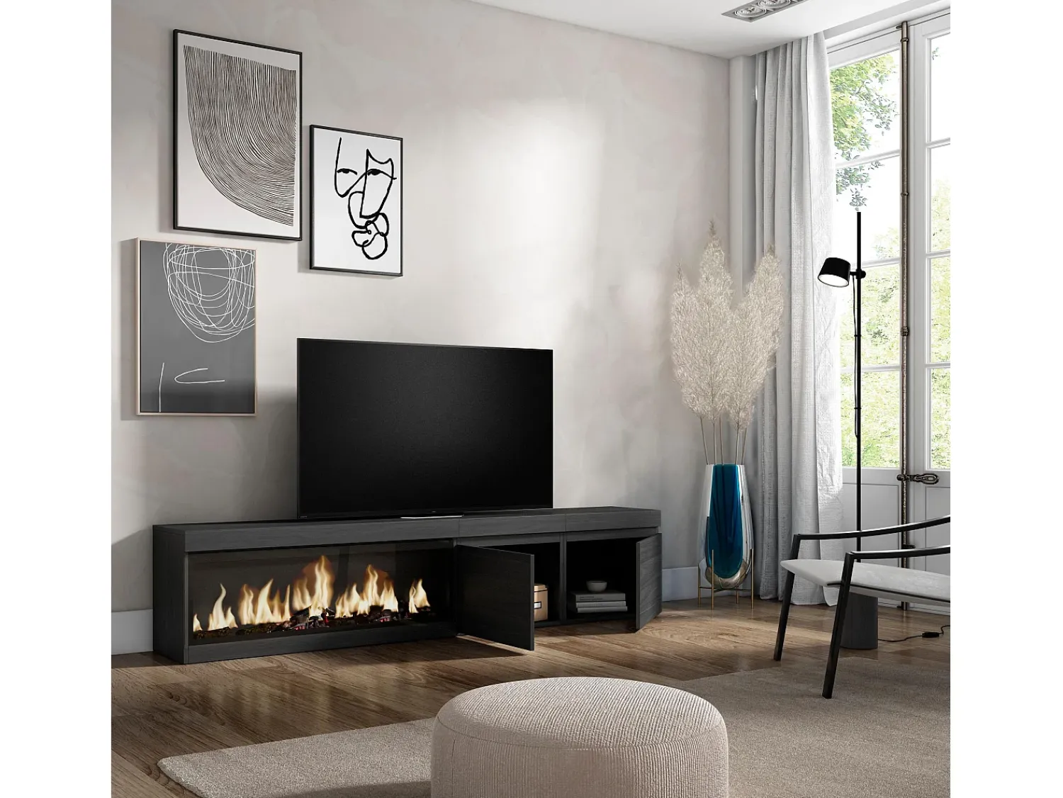 Skraut Home Móvel de TV, 208x35x45cm, Para televisores até 80", Lareira eléctrica XXL,^ Móvel De Tv
