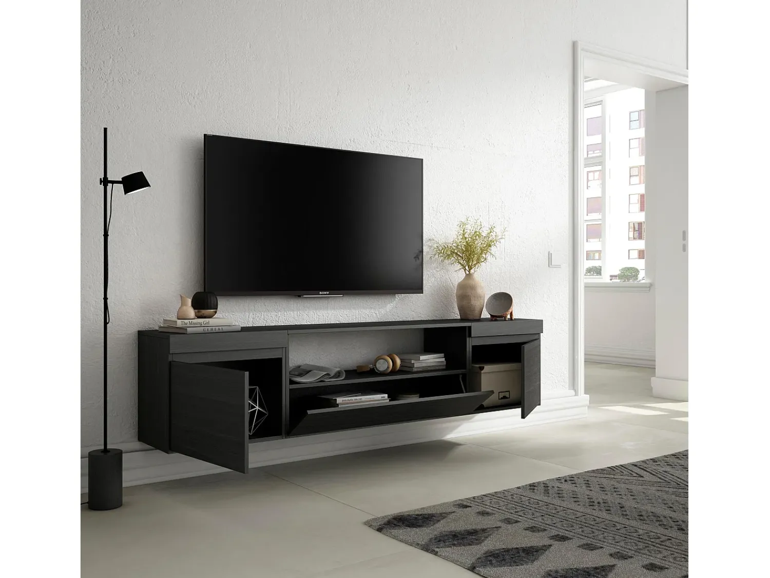 Móvel De Tv*Skraut Home Móvel de TV, 200x35x45cm, Para televisores até 80", Suspensos, Preto