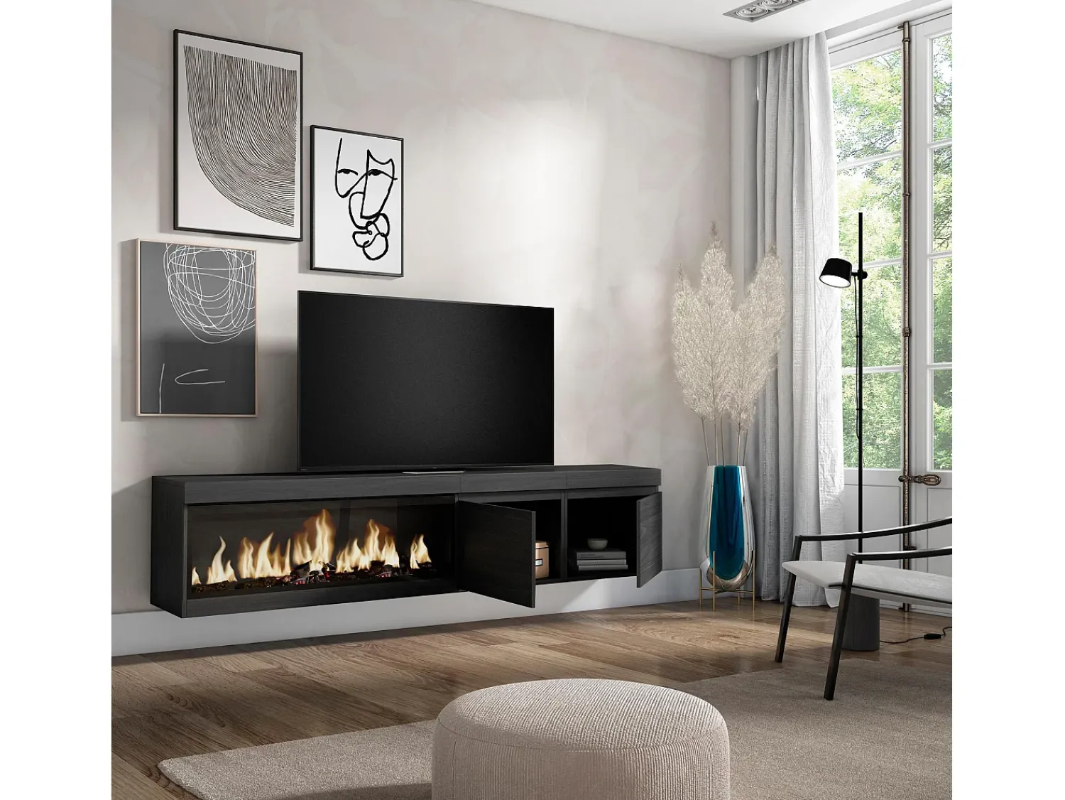 New Skraut Home Móvel de TV, 208x35x45cm, Para televisores até 80", Lareira eléctrica XXL, Suspensos, Preto