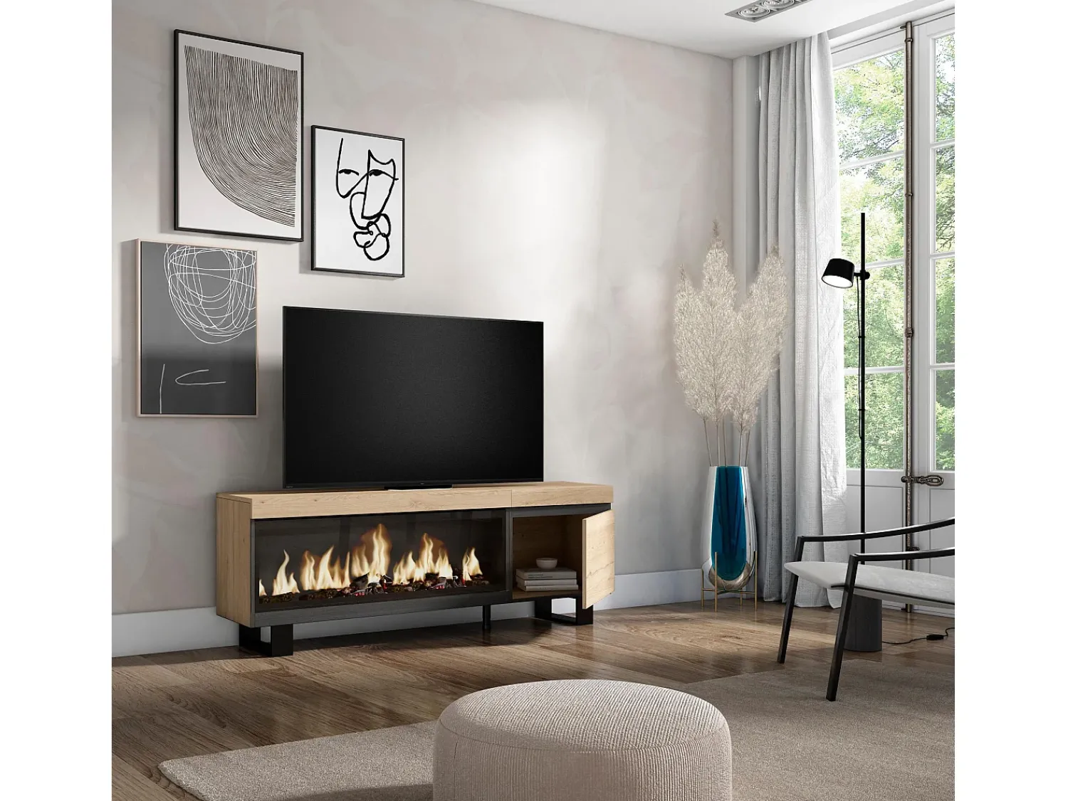 Móvel De Tv|Skraut Home Móvel de TV, 158x35x57cm, Para televisores até 65", Lareira eléctrica XXL, Design industrial, Carvahlo Natural claro