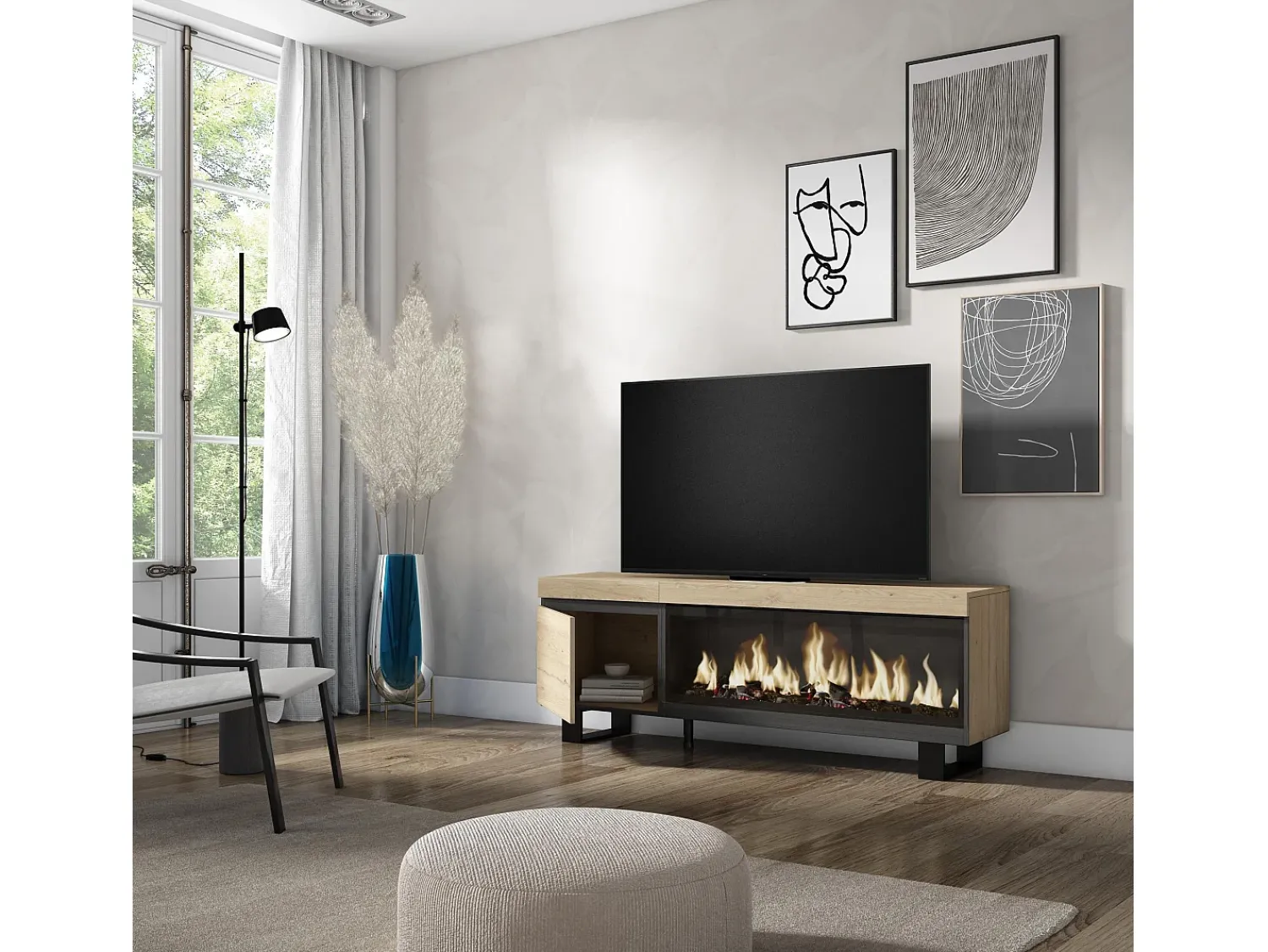 Móvel De Tv|Skraut Home Móvel de TV, 158x35x57cm, Para televisores até 65", Lareira eléctrica XXL, Design industrial, Carvahlo Natural claro